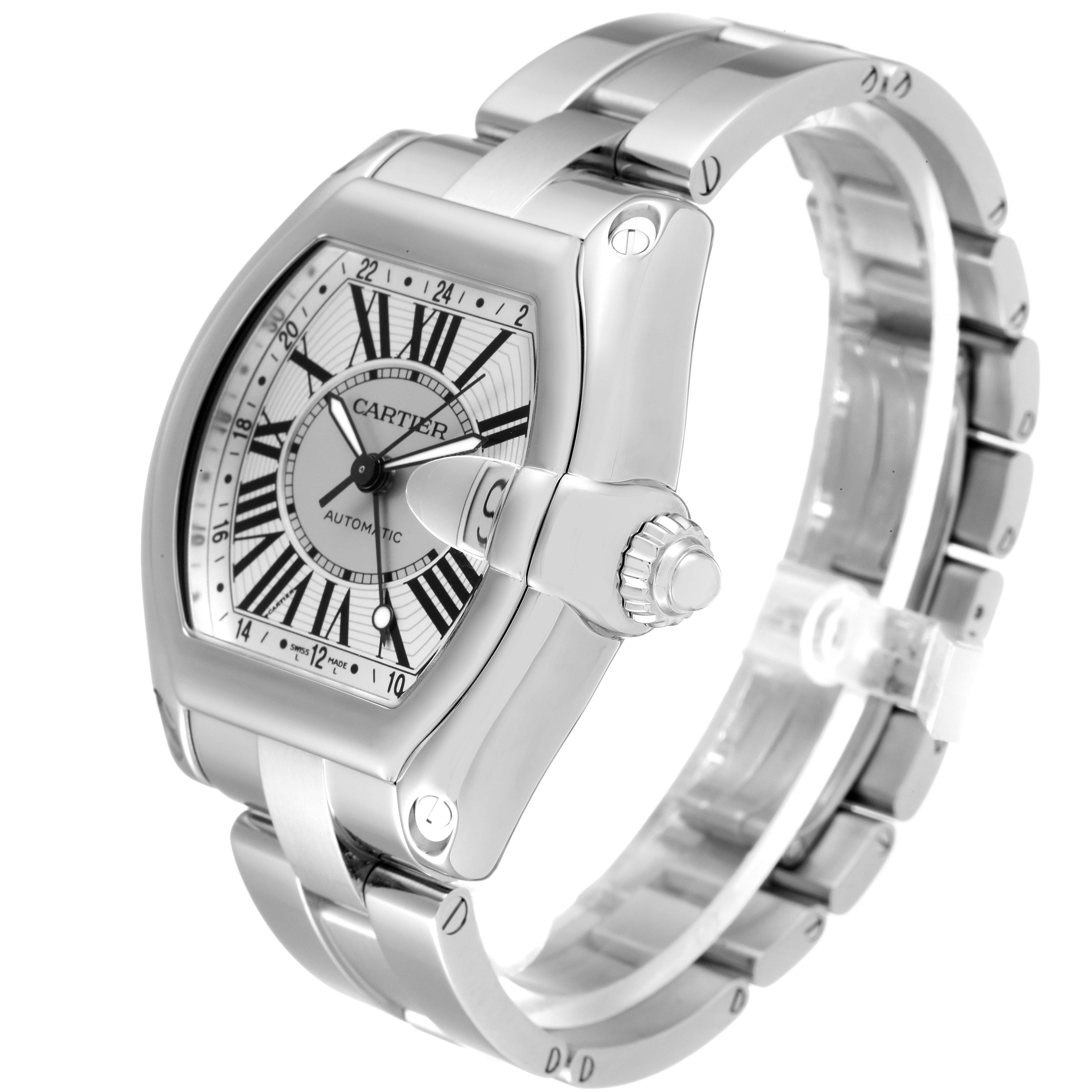 This image shows a Cartier Roadster W62032X6 Men
s Stainless Steel Silver Dial W62032X6 Men
s Stainless Steel Silver Dial watch at an angle highlighting the dial, case, crown, and part of the metal bracelet.
