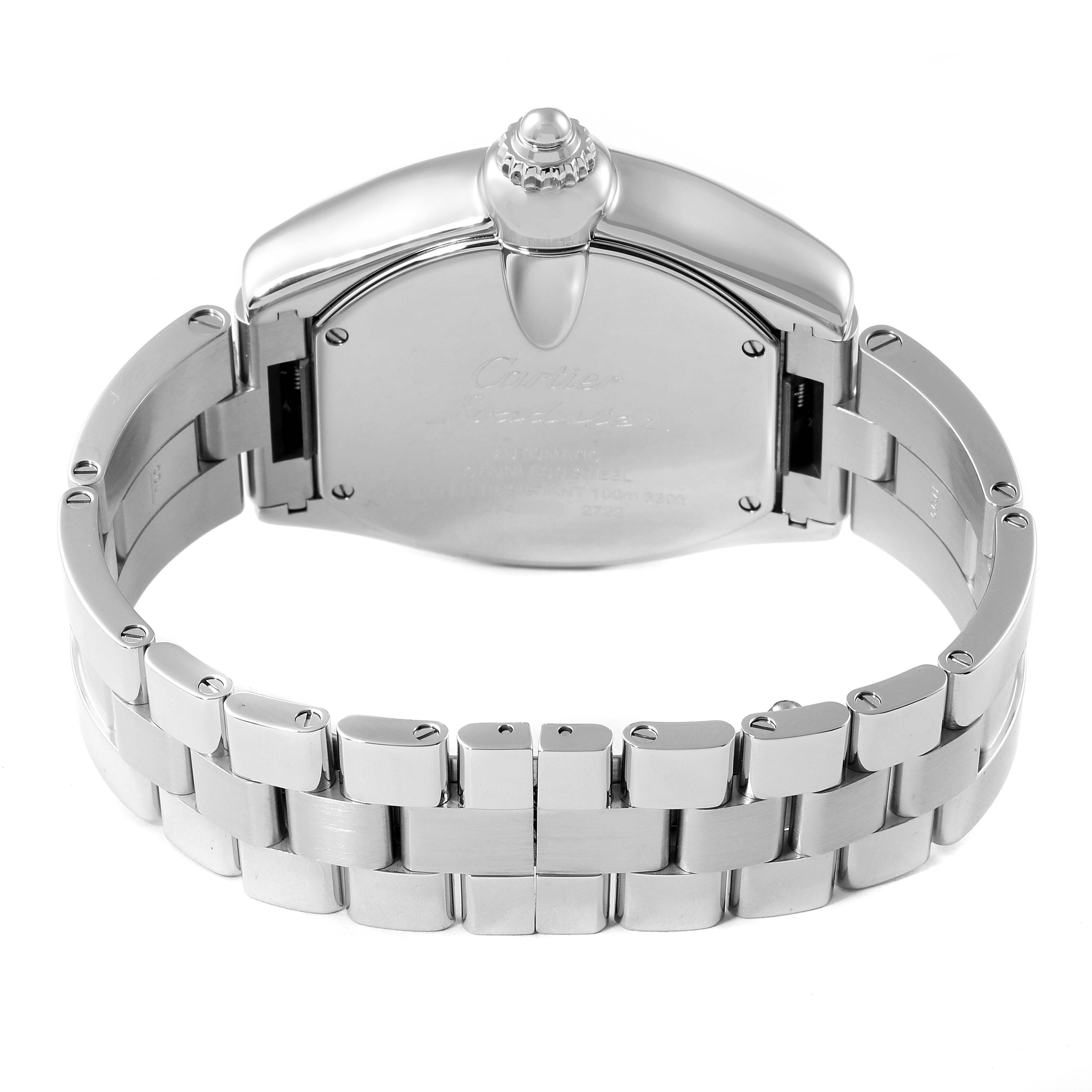 The image shows the back and bracelet of the Cartier Roadster W62032X6 Men
s Stainless Steel Silver Dial W62032X6 Men
s Stainless Steel Silver Dial watch, highlighting the caseback and clasp mechanism.