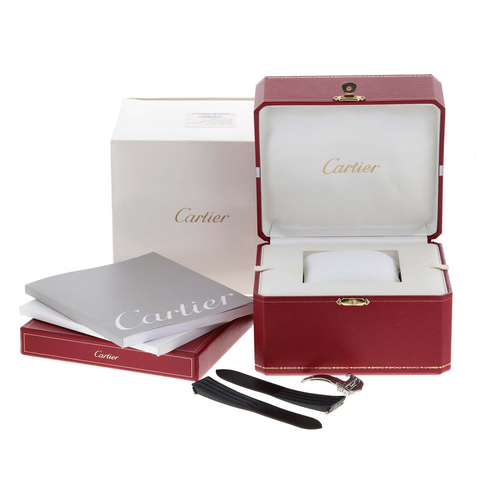 The image shows the packaging, manuals, box, spare straps, and buckle for the Cartier Roadster W62032X6 Men
s Stainless Steel Silver Dial W62032X6 Men
s Stainless Steel Silver Dial model watch.