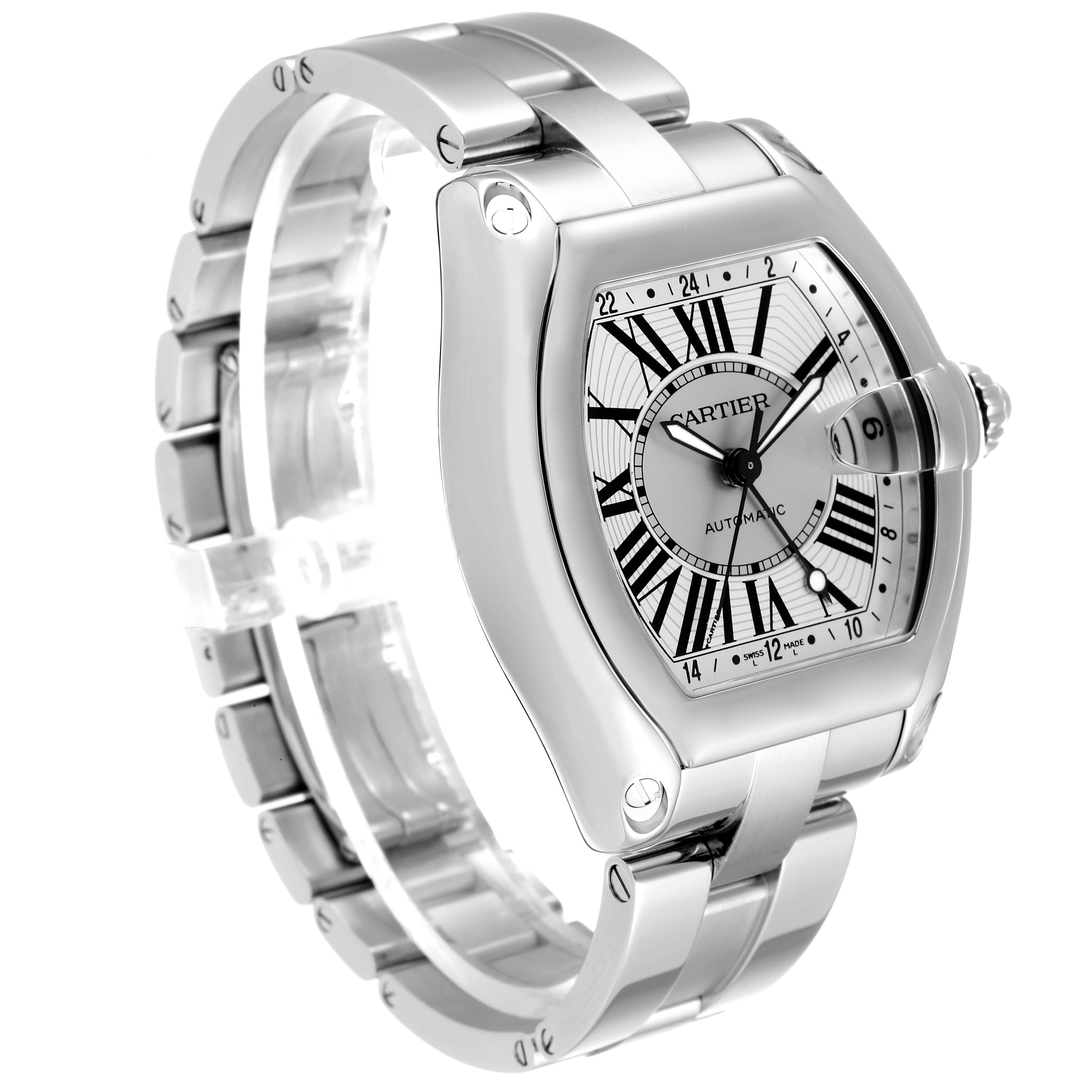 This image showcases the Cartier Roadster W62032X6 Men
s Stainless Steel Silver Dial W62032X6 Men
s Stainless Steel Silver Dial watch with a detailed view of its face, bezel, and bracelet from an angled perspective.