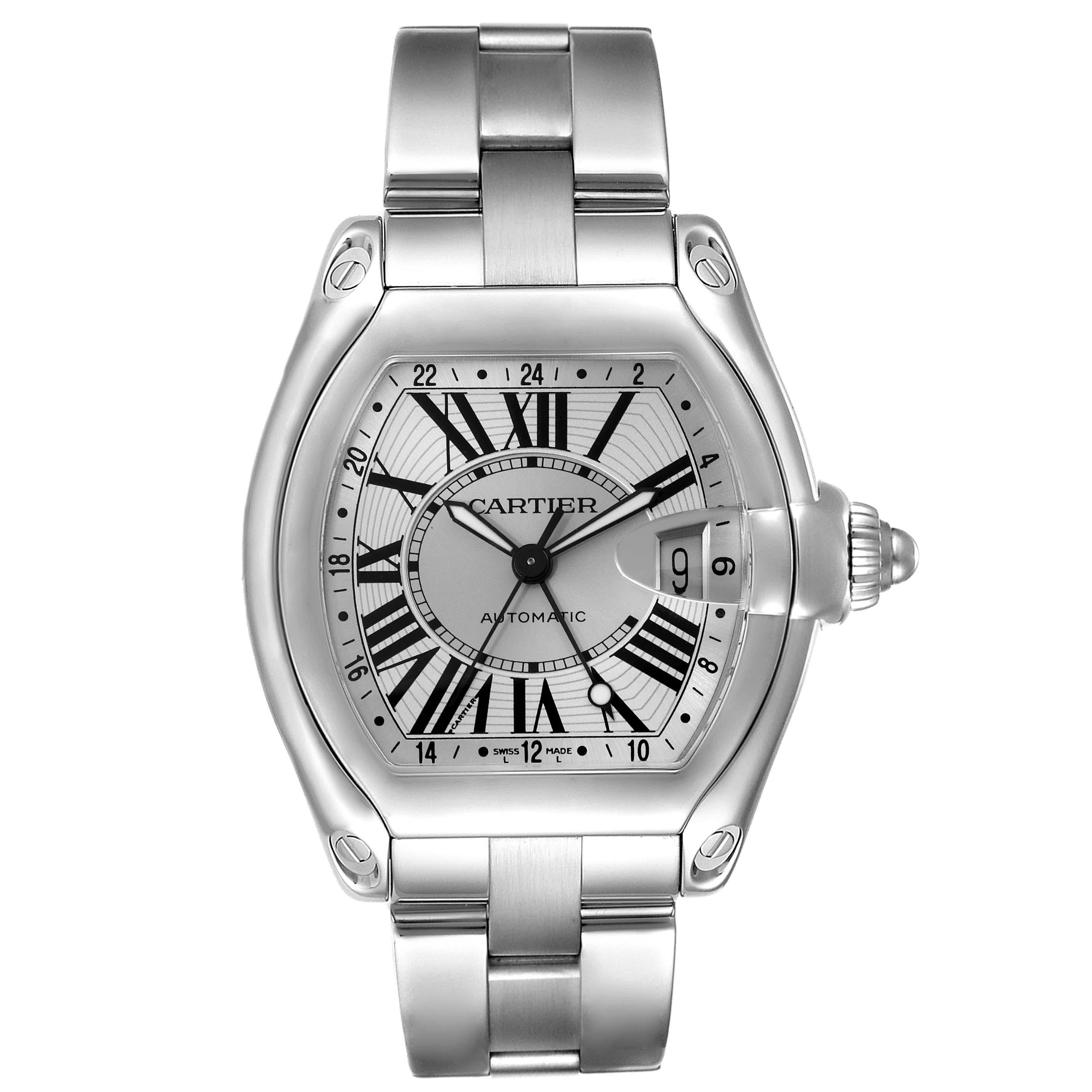 The image shows a front view of the Cartier Roadster W62032X6 Men
s Stainless Steel Silver Dial W62032X6 Men
s Stainless Steel Silver Dial watch with its dial, bracelet, and crown visible.
