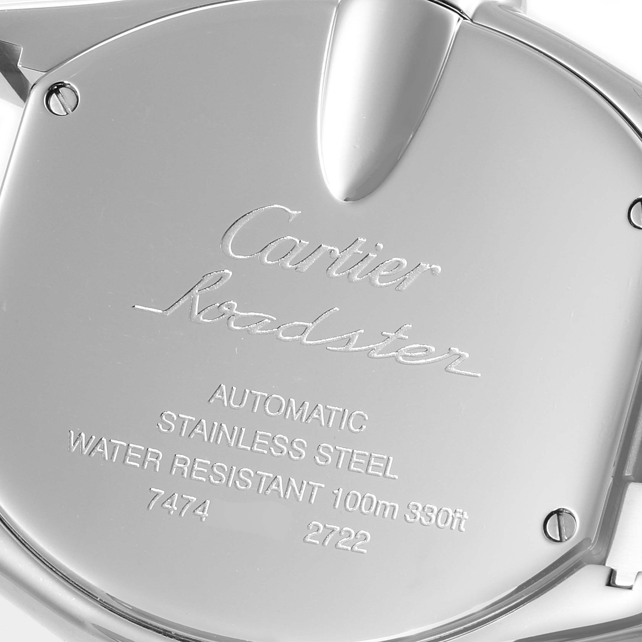 This image shows the engraved case back of the Cartier Roadster W62032X6 Men
s Stainless Steel Silver Dial W62032X6 Men
s Stainless Steel Silver Dial watch, highlighting details such as water resistance and material.