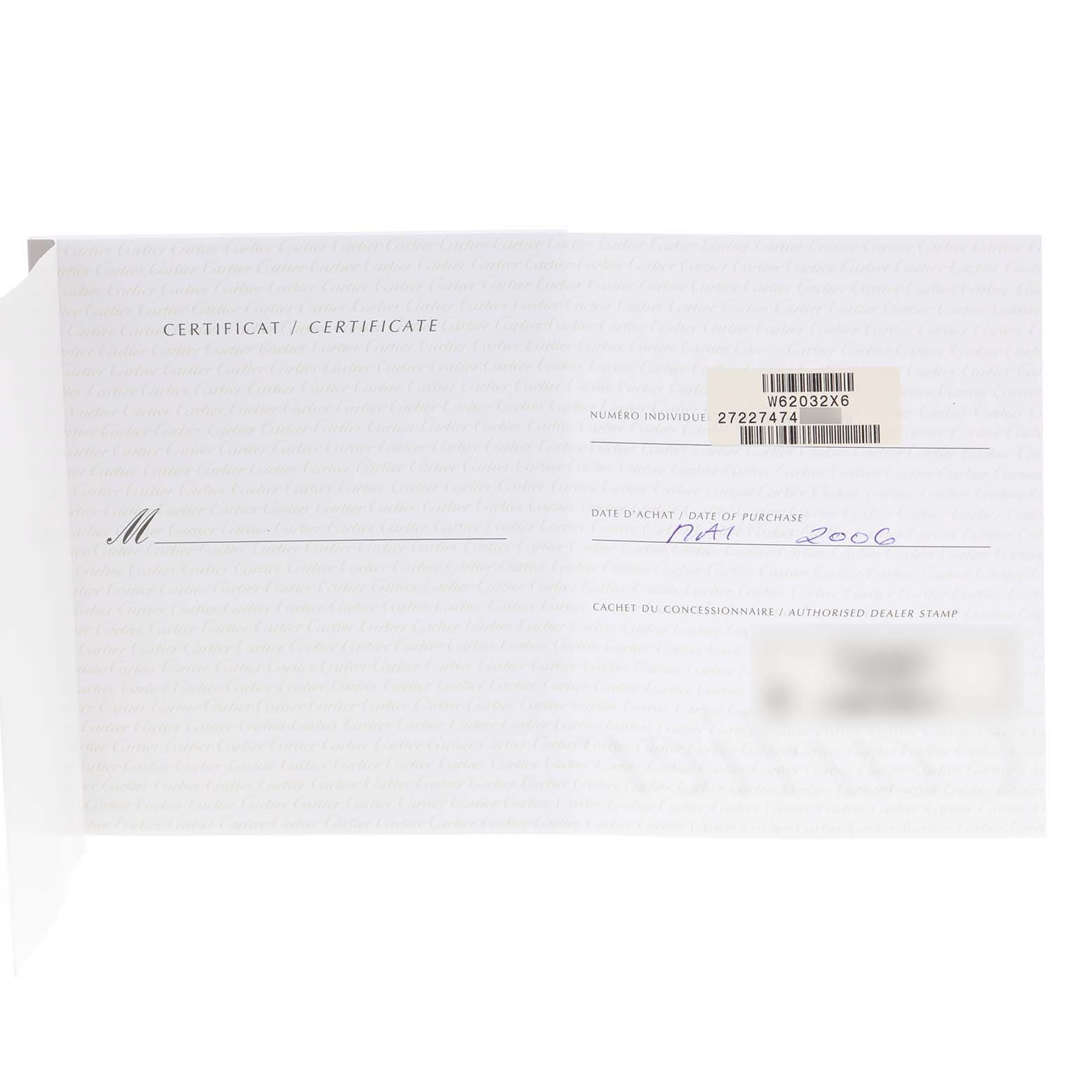 This image shows the certificate of Best Quality
ity for a Cartier Roadster W62032X6 Men
s Stainless Steel Silver Dial W62032X6 Men
s Stainless Steel Silver Dial watch, displaying purchase date and serial number.