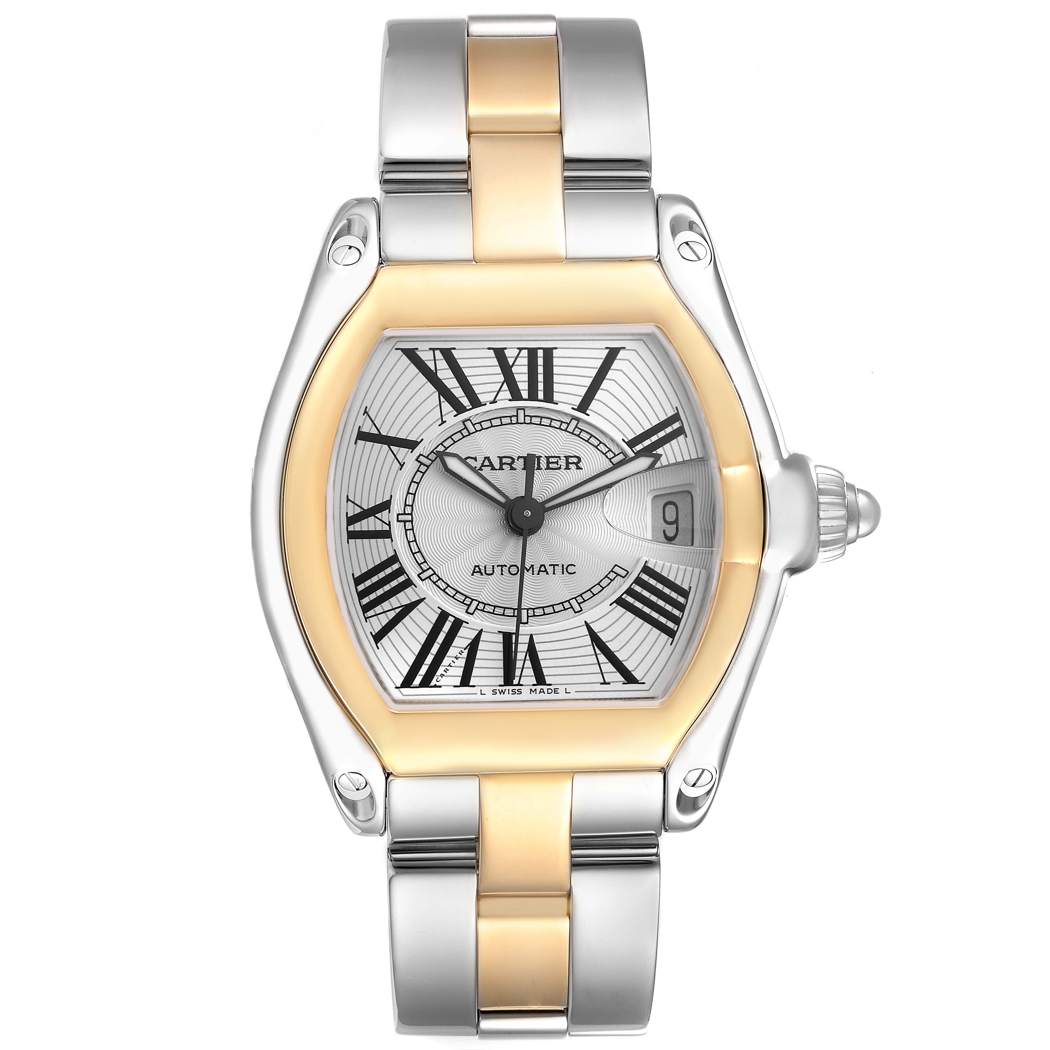 The Cartier Roadster W62031Y4 Men
s Steel and Gold (two tone) Silver Dial W62031Y4 Men
s Steel and Gold (two tone) Silver Dial watch is shown from a front angle, displaying the face, Roman numerals, bezel, and part of the bracelet.