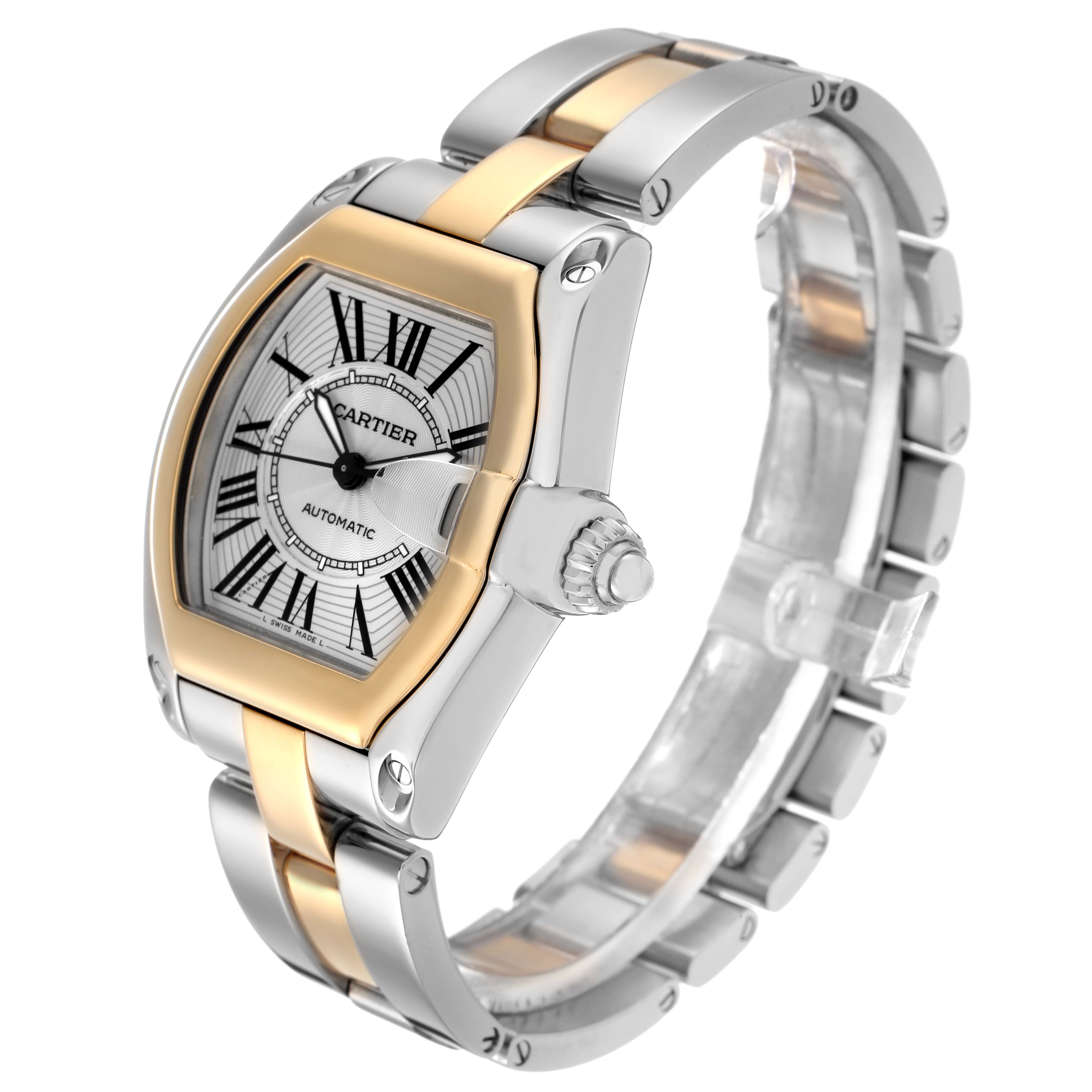 The Cartier Roadster W62031Y4 Men
s Steel and Gold (two tone) Silver Dial W62031Y4 Men
s Steel and Gold (two tone) Silver Dial watch is shown at a three-quarter angle, displaying its case, crown, dial, and partial bracelet.
