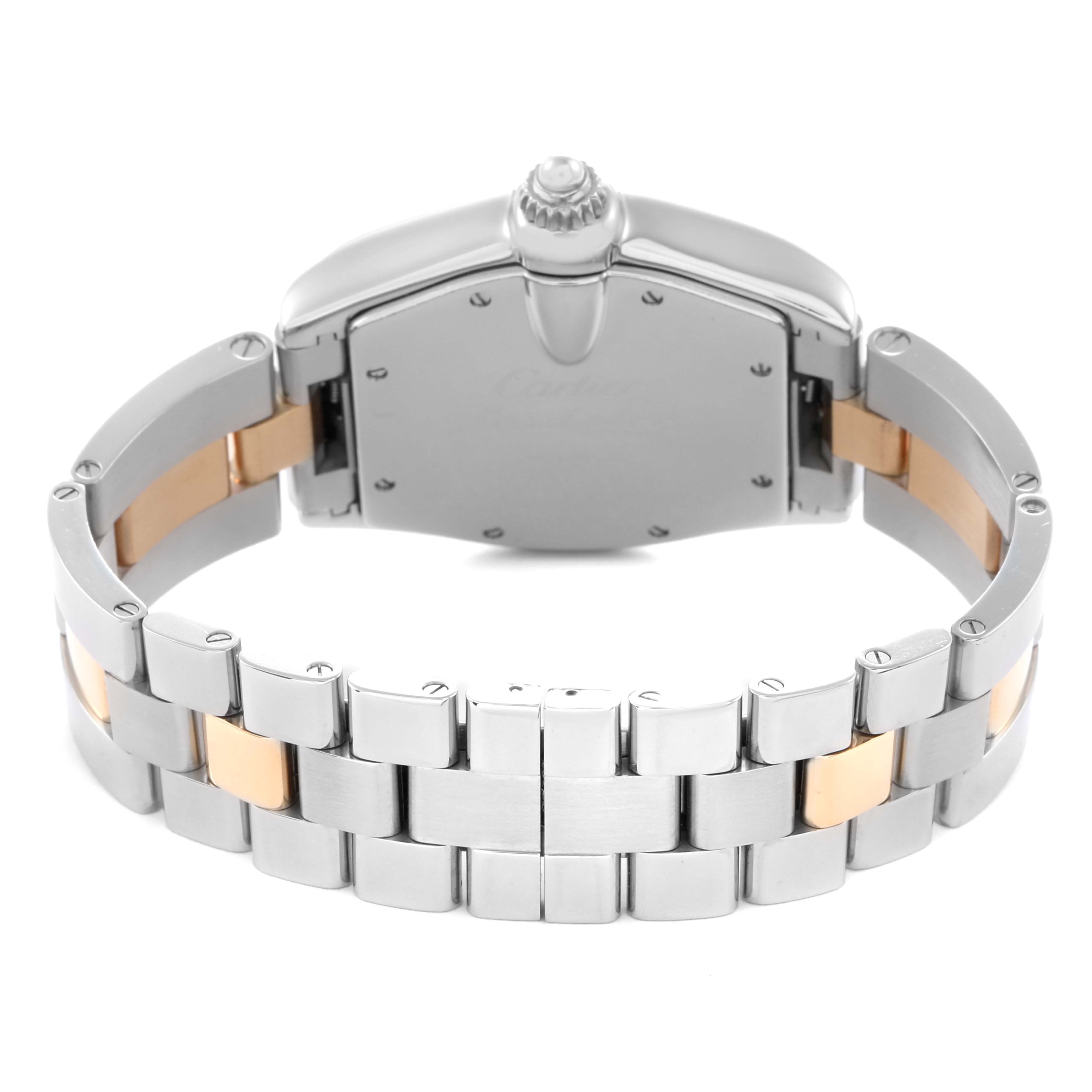 The Cartier Roadster W62031Y4 Men
s Steel and Gold (two tone) Silver Dial W62031Y4 Men
s Steel and Gold (two tone) Silver Dial watch is shown from the back, highlighting the case back, bracelet, and clasp.