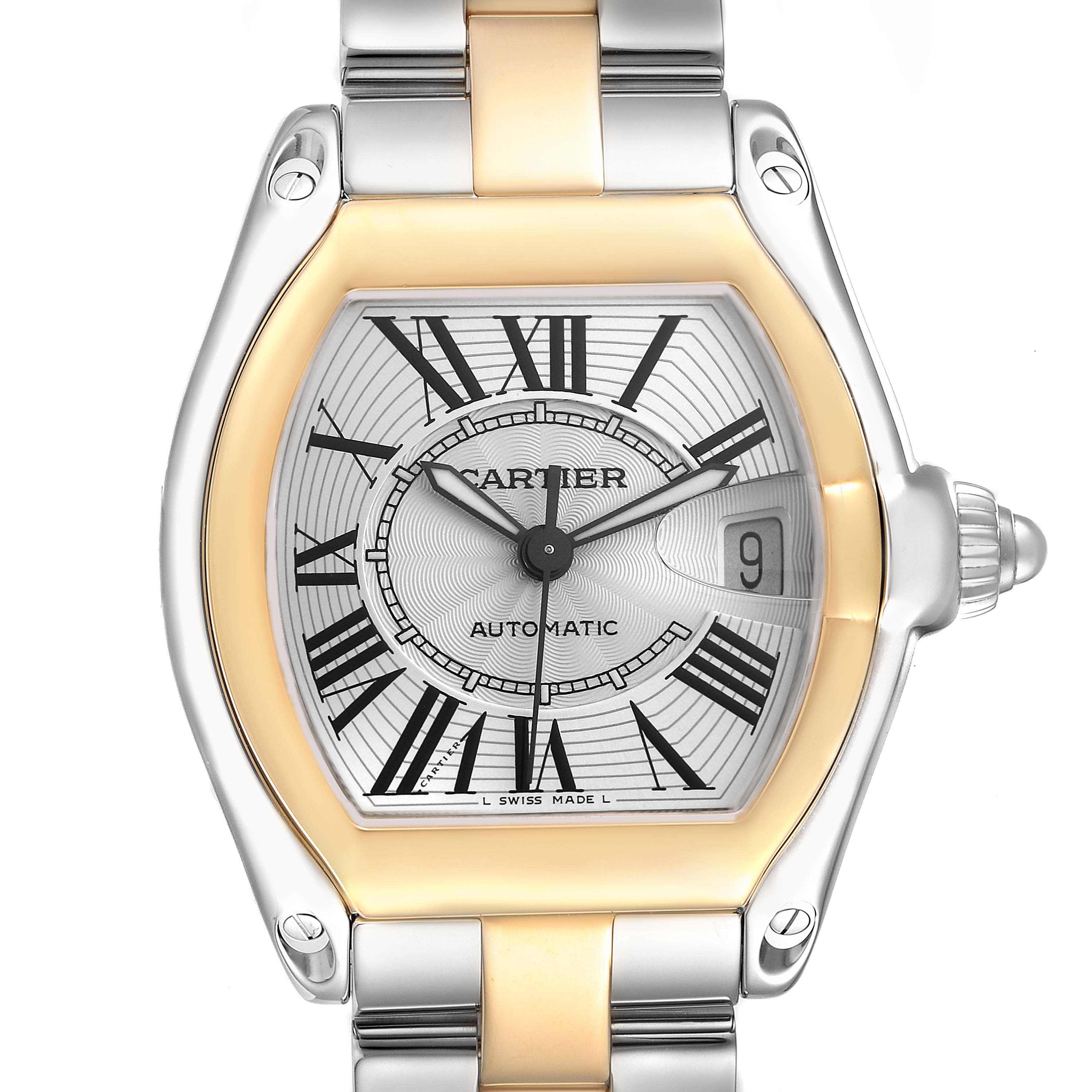 The Cartier Roadster W62031Y4 Men
s Steel and Gold (two tone) Silver Dial W62031Y4 Men
s Steel and Gold (two tone) Silver Dial watch is shown from the front, highlighting the face, dial, hands, date window, and part of the bracelet.