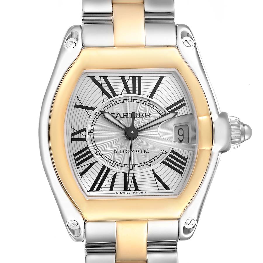 The Cartier Roadster watch is shown from the front, highlighting the face, dial, hands, date window, and part of the bracelet.