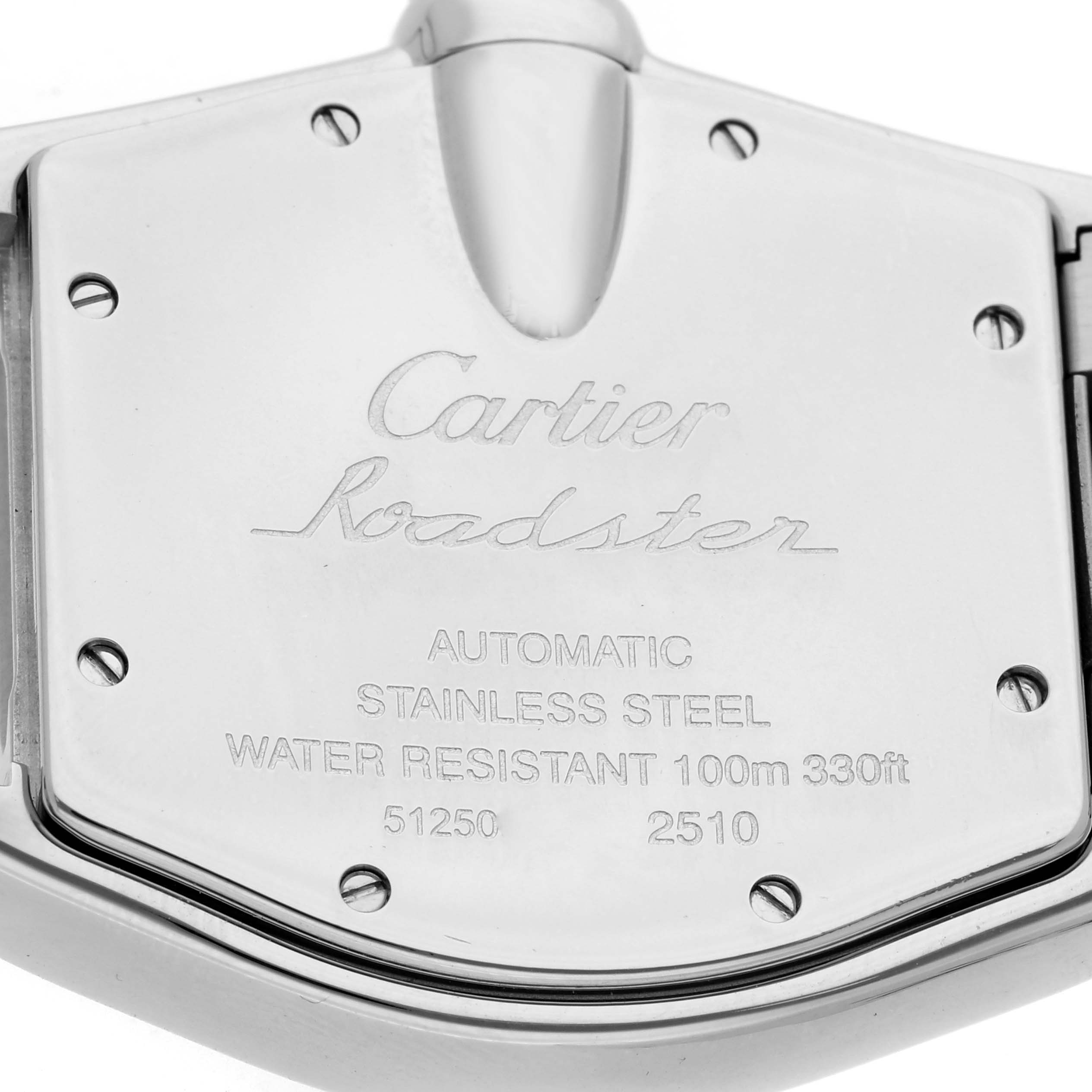 The image shows the back case of the Cartier Roadster W62031Y4 Men
s Steel and Gold (two tone) Silver Dial W62031Y4 Men
s Steel and Gold (two tone) Silver Dial watch, displaying engravings and screws.