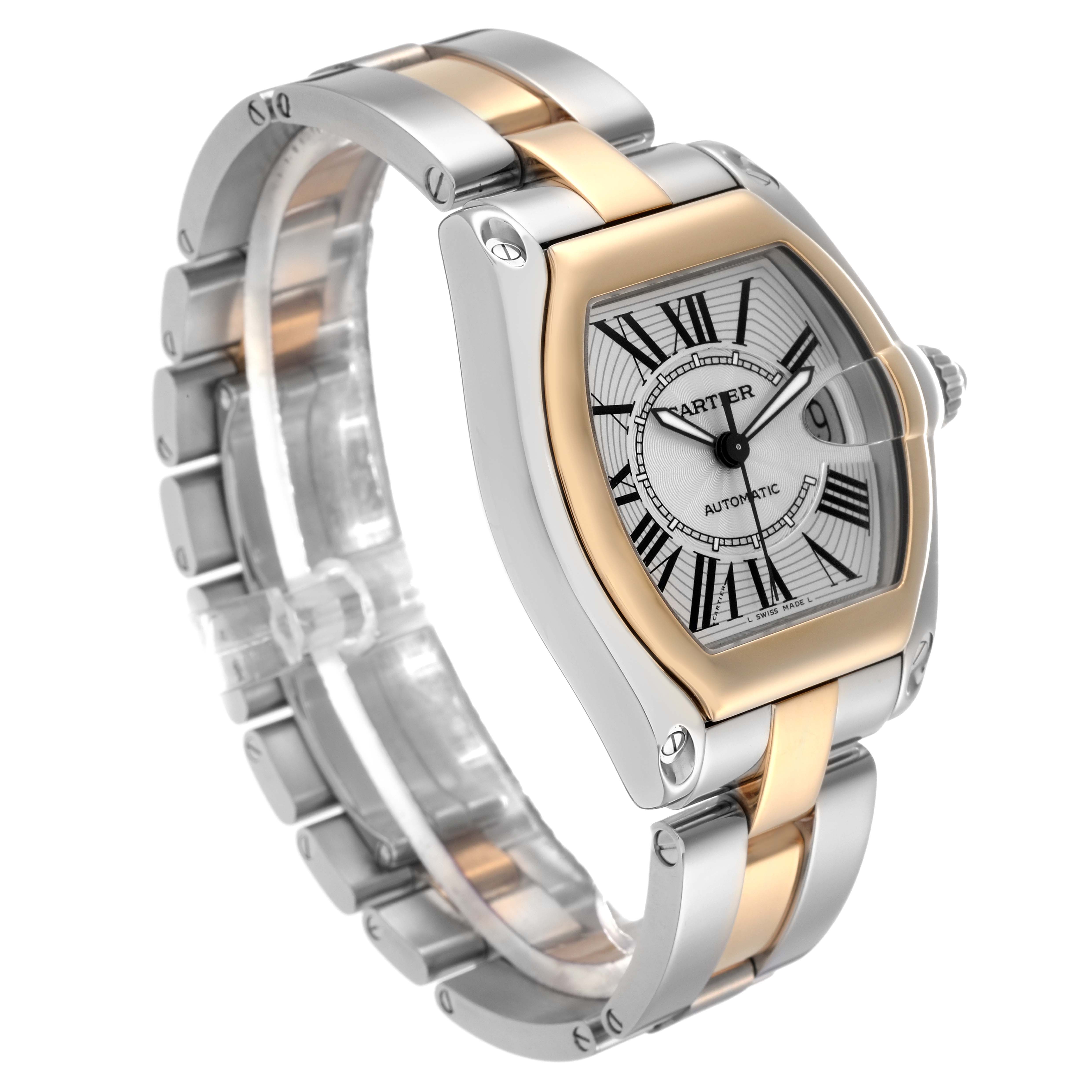 The Cartier Roadster W62031Y4 Men
s Steel and Gold (two tone) Silver Dial W62031Y4 Men
s Steel and Gold (two tone) Silver Dial watch is shown at a three-quarter angle, highlighting its two-tone bracelet and distinctive case.