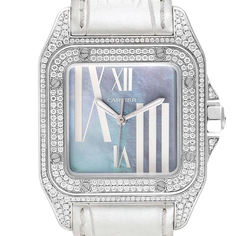 Cartier Santos 100 White Gold Blue MOP Dial Diamond Ladies Watch WM503251 SwissWatchExpo