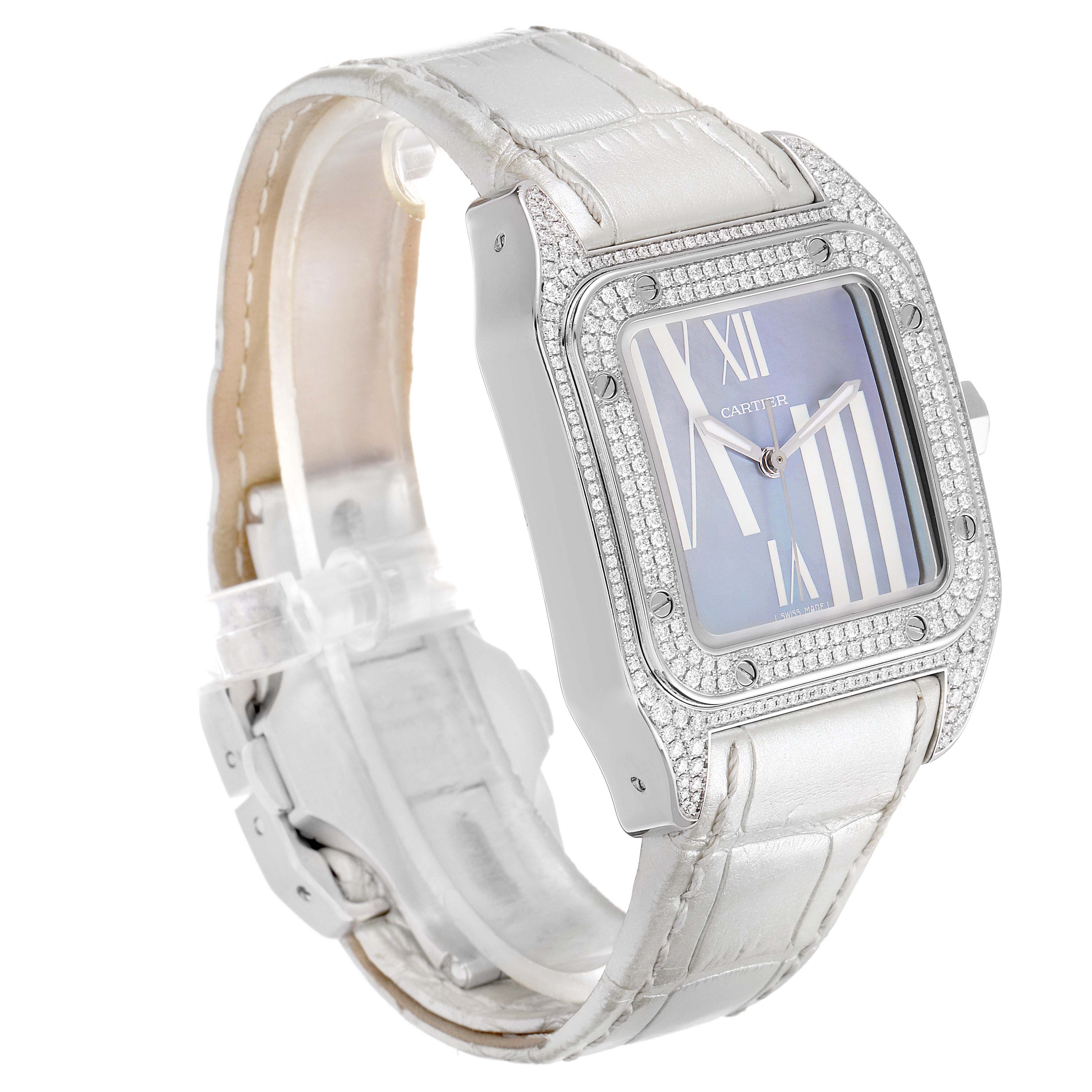 Cartier Santos 100 White Gold Blue Mother of Pearl Diamond Ladies Watch ...