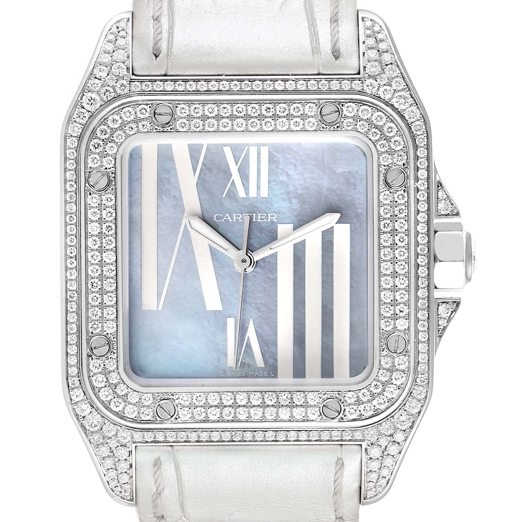 The Cartier Santos WM503251 Women
s White Gold Mother of Pearl Dial WM503251 Women
s White Gold Mother of Pearl Dial watch is shown from the front, highlighting the diamond-encrusted bezel and silver dial with Roman numerals.