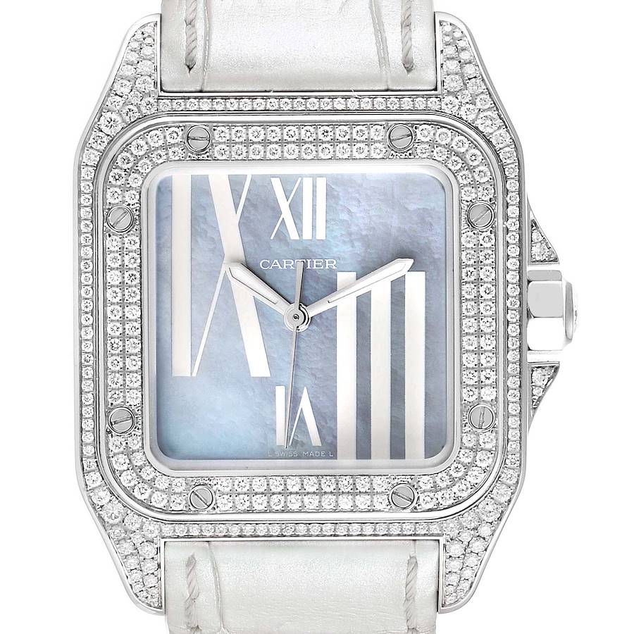 The Cartier Santos WM503251 Women's White Gold Mother of Pearl Dial WM503251 Women's White Gold Mother of Pearl Dial watch is shown from the front, highlighting the diamond-encrusted bezel and silver dial with Roman numerals.