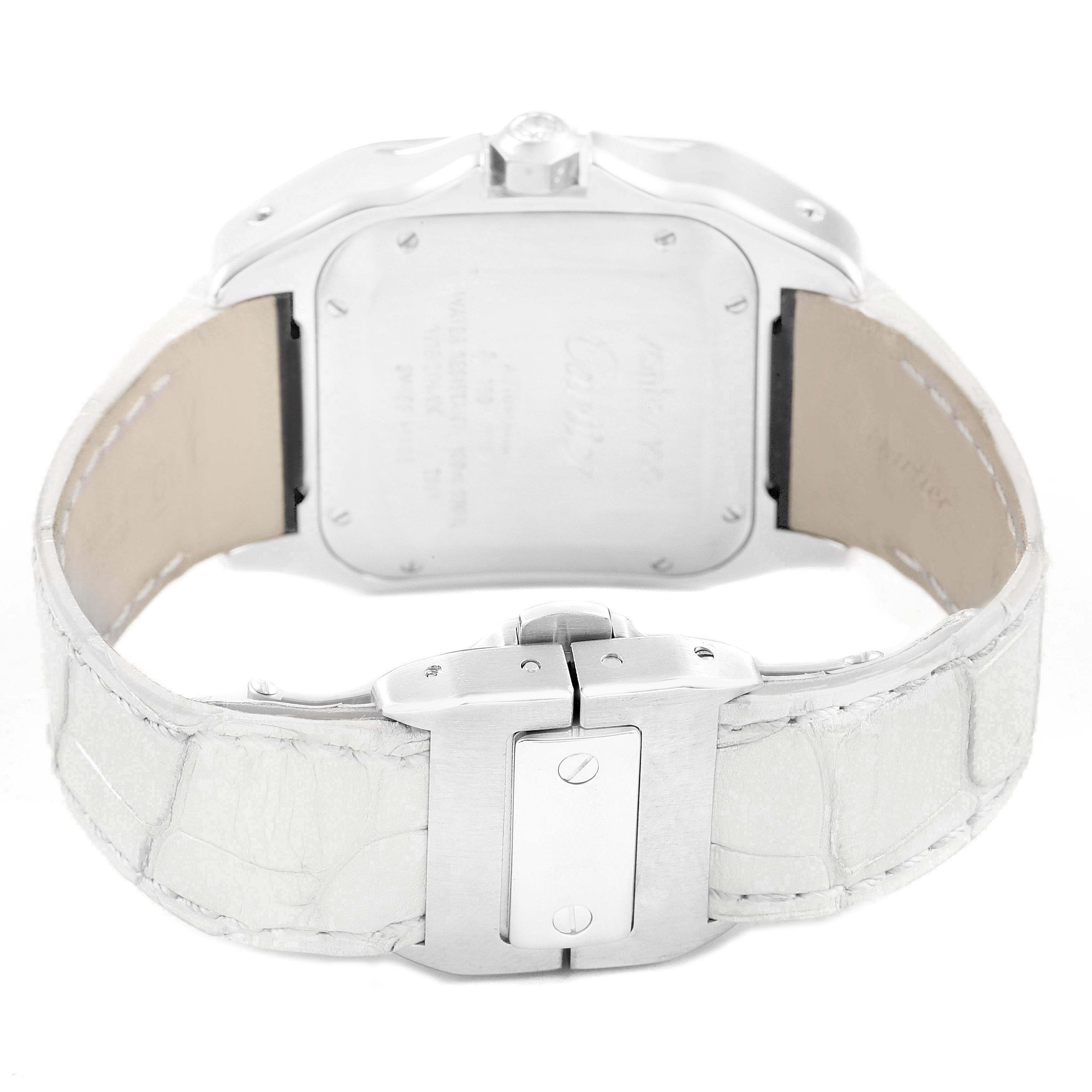 The image shows a Cartier Santos WM503251 Women
s White Gold Mother of Pearl Dial WM503251 Women
s White Gold Mother of Pearl Dial watch from the back, highlighting the caseback, clasp, and white leather strap.