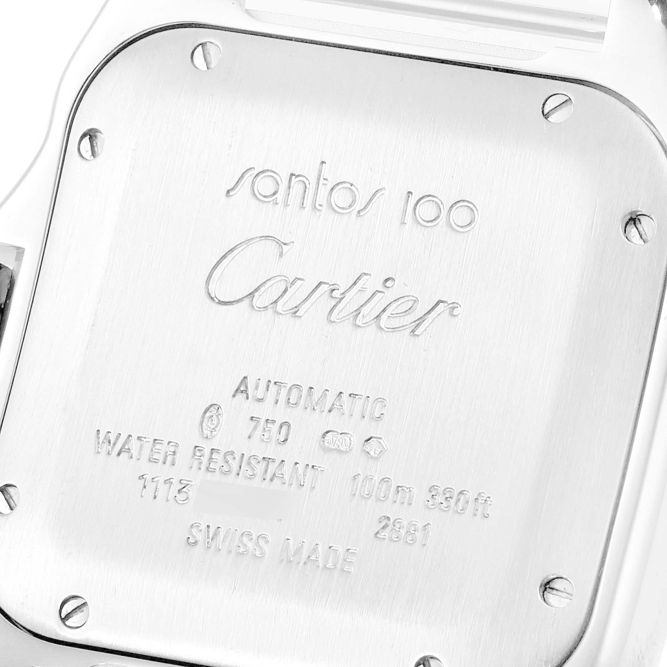 The image shows the back case of a Cartier Santos WM503251 Women
s White Gold Mother of Pearl Dial WM503251 Women
s White Gold Mother of Pearl Dial watch, detailing model information and specifications.