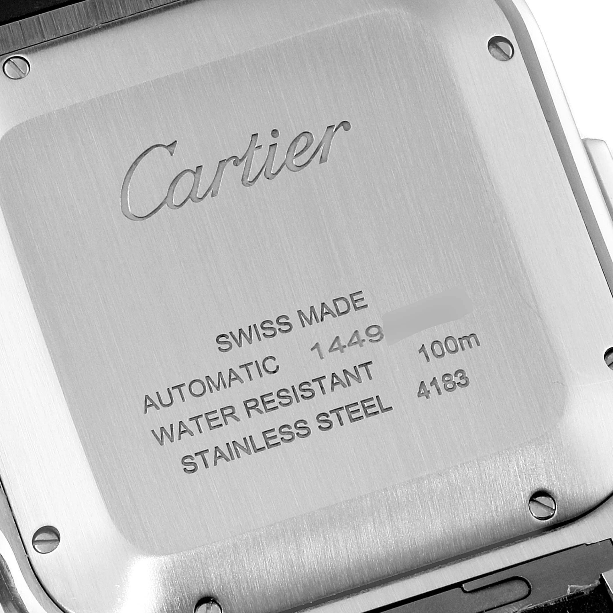 This is a close-up view of the back of a Cartier Santos WSSA0017 Men
s Stainless Steel Silver Dial WSSA0017 Men
s Stainless Steel Silver Dial watch, showing the engraved details and screws.