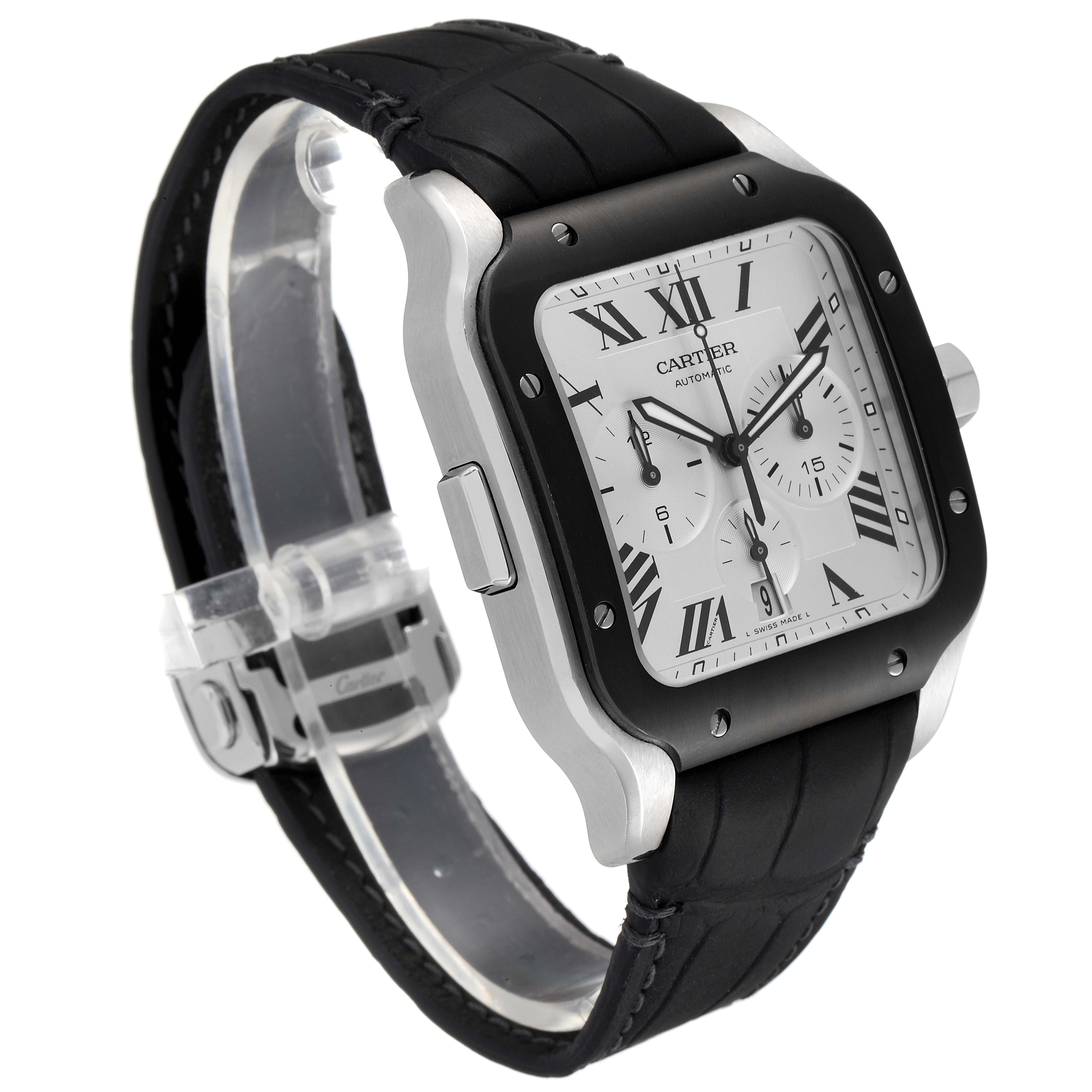 The image shows a Cartier Santos WSSA0017 Men
s Stainless Steel Silver Dial WSSA0017 Men
s Stainless Steel Silver Dial watch at a side angle, featuring the face, bezel, case, and black strap.
