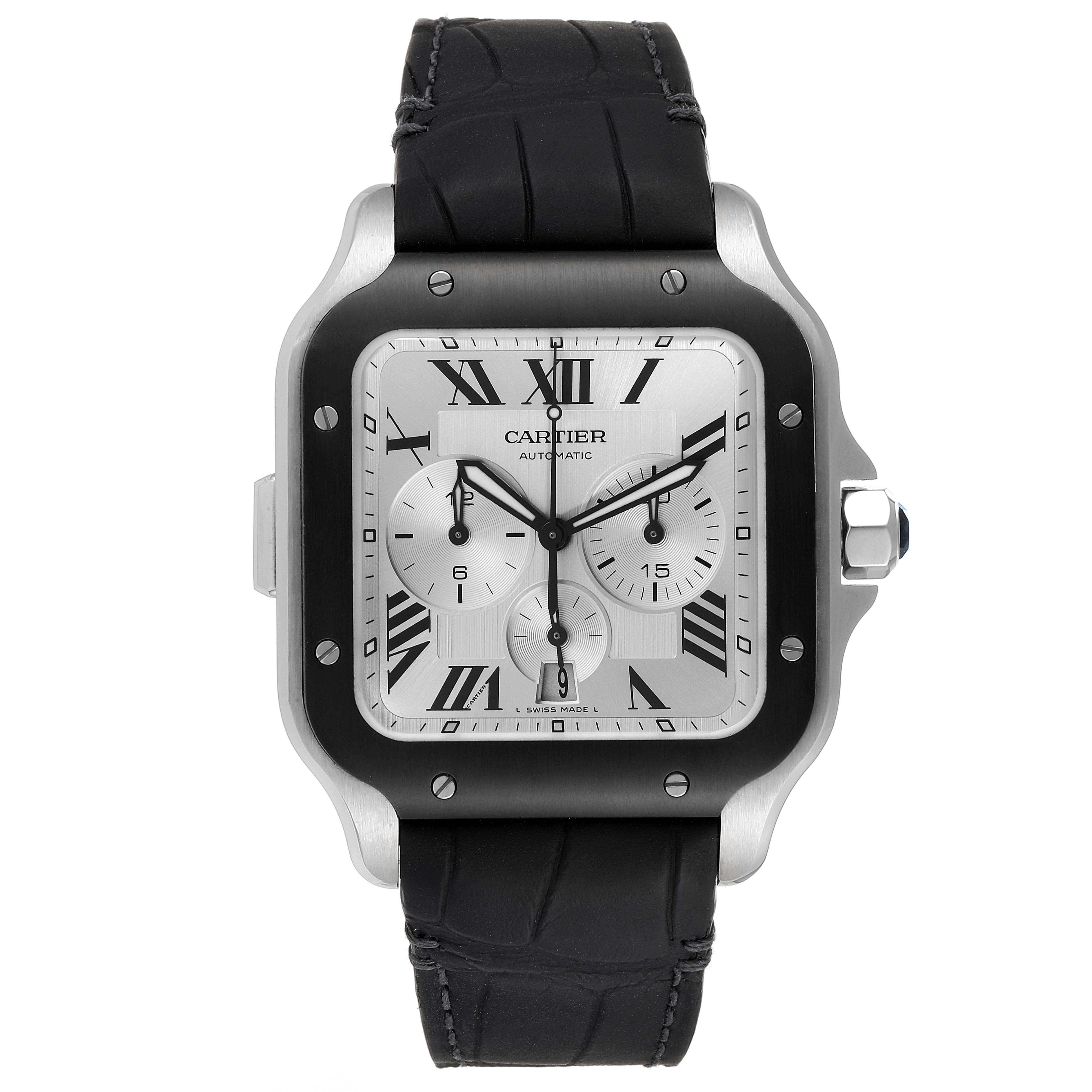 The image shows a front view of a Cartier Santos WSSA0017 Men
s Stainless Steel Silver Dial WSSA0017 Men
s Stainless Steel Silver Dial watch with a black leather strap and silver dial.