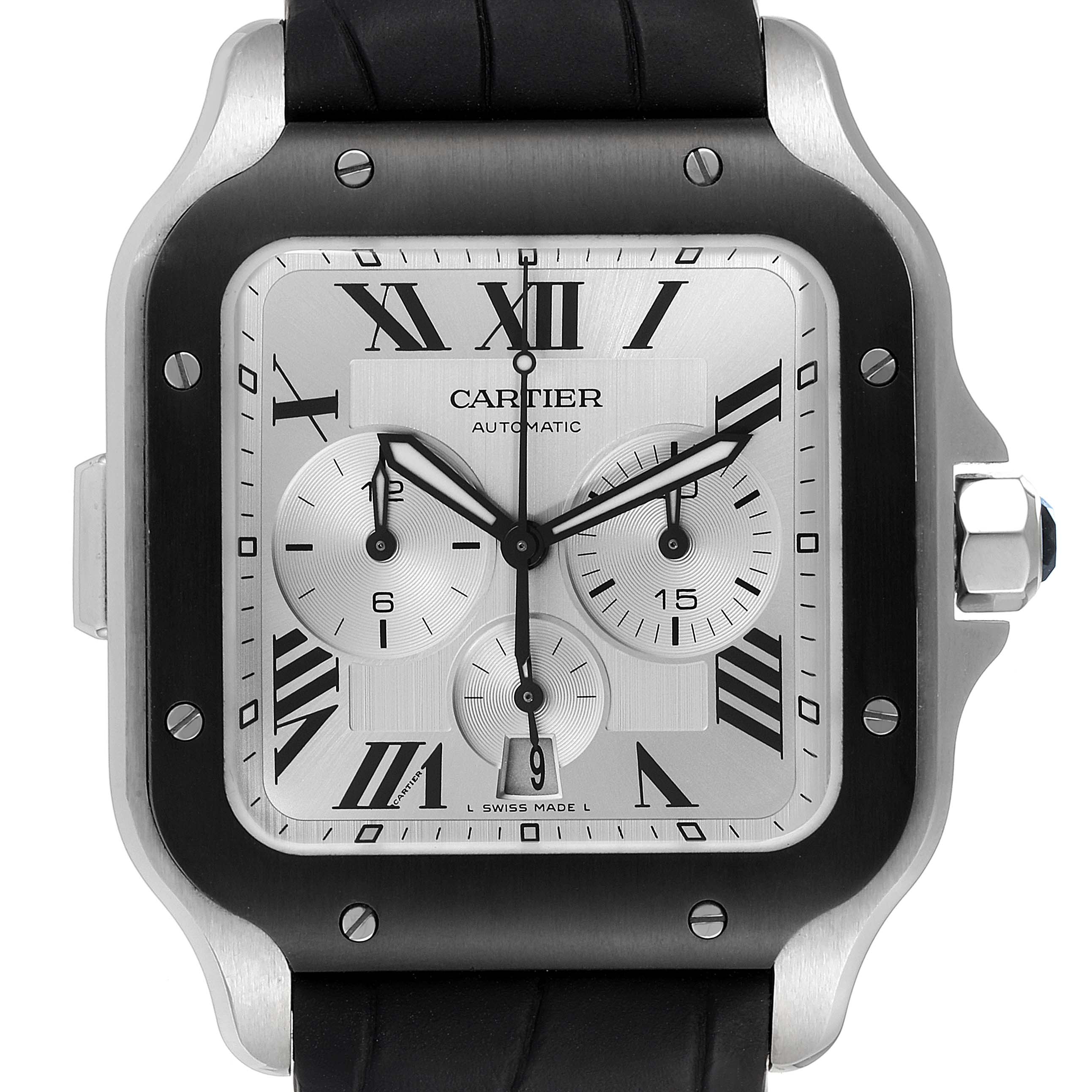 The image shows the Cartier Santos WSSA0017 Men
s Stainless Steel Silver Dial WSSA0017 Men
s Stainless Steel Silver Dial watch face with a square frame, Roman numerals, chronograph sub-dials, and a black bezel.