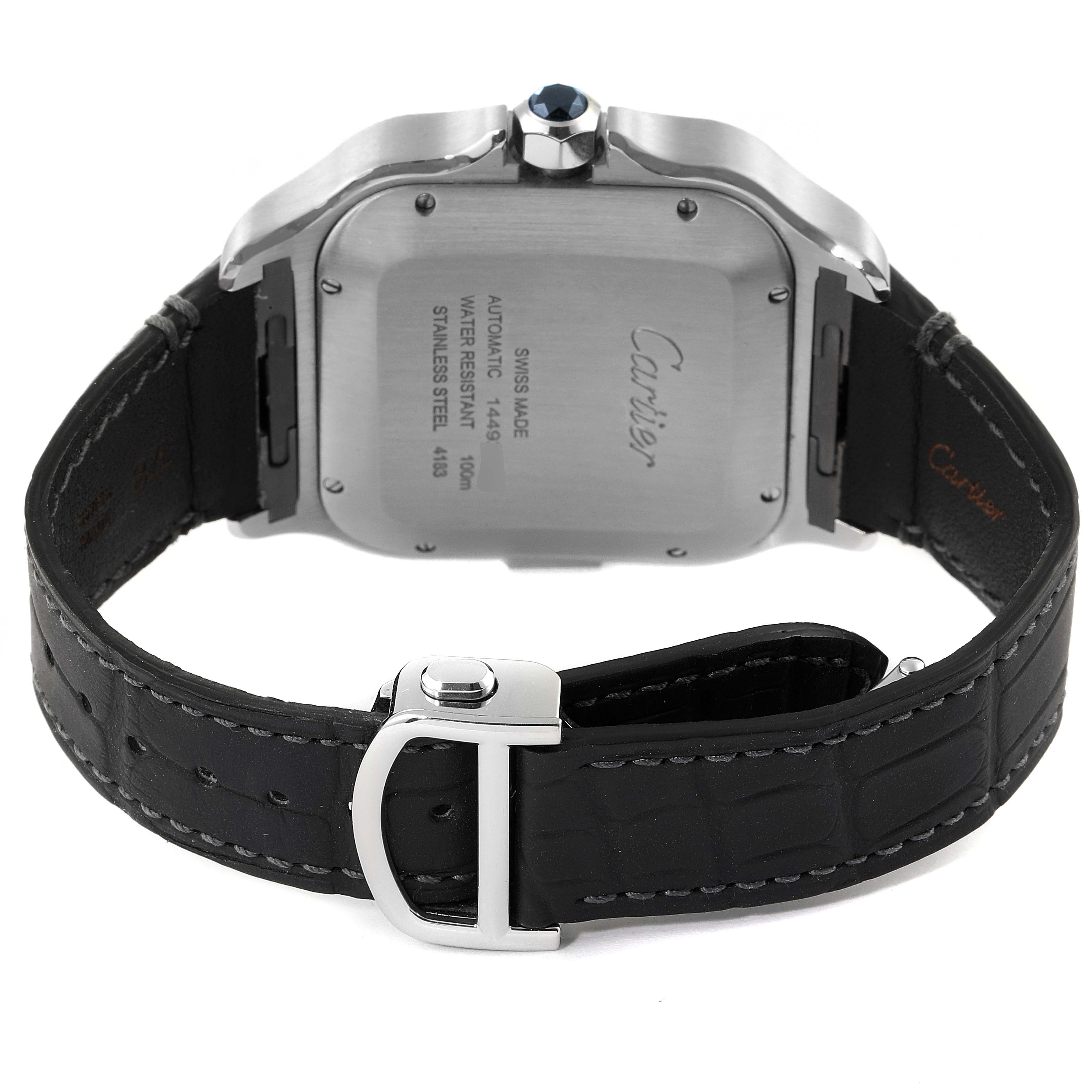 The image shows the back of a Cartier Santos WSSA0017 Men
s Stainless Steel Silver Dial WSSA0017 Men
s Stainless Steel Silver Dial watch, highlighting the case back, black leather strap, and clasp.