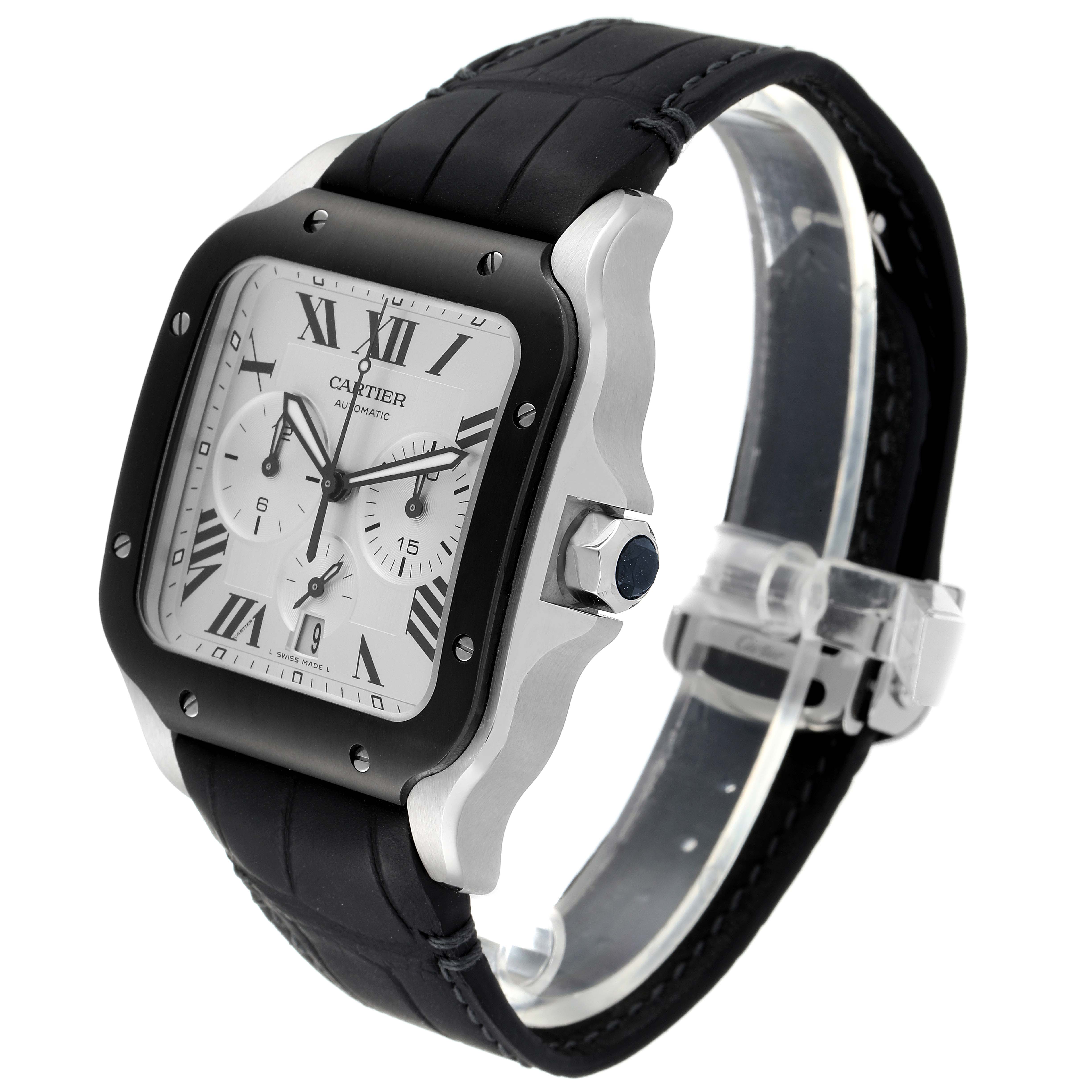 This image shows a front-side angle of a Cartier Santos WSSA0017 Men
s Stainless Steel Silver Dial WSSA0017 Men
s Stainless Steel Silver Dial watch, highlighting its dial, bezel, crown, and strap.