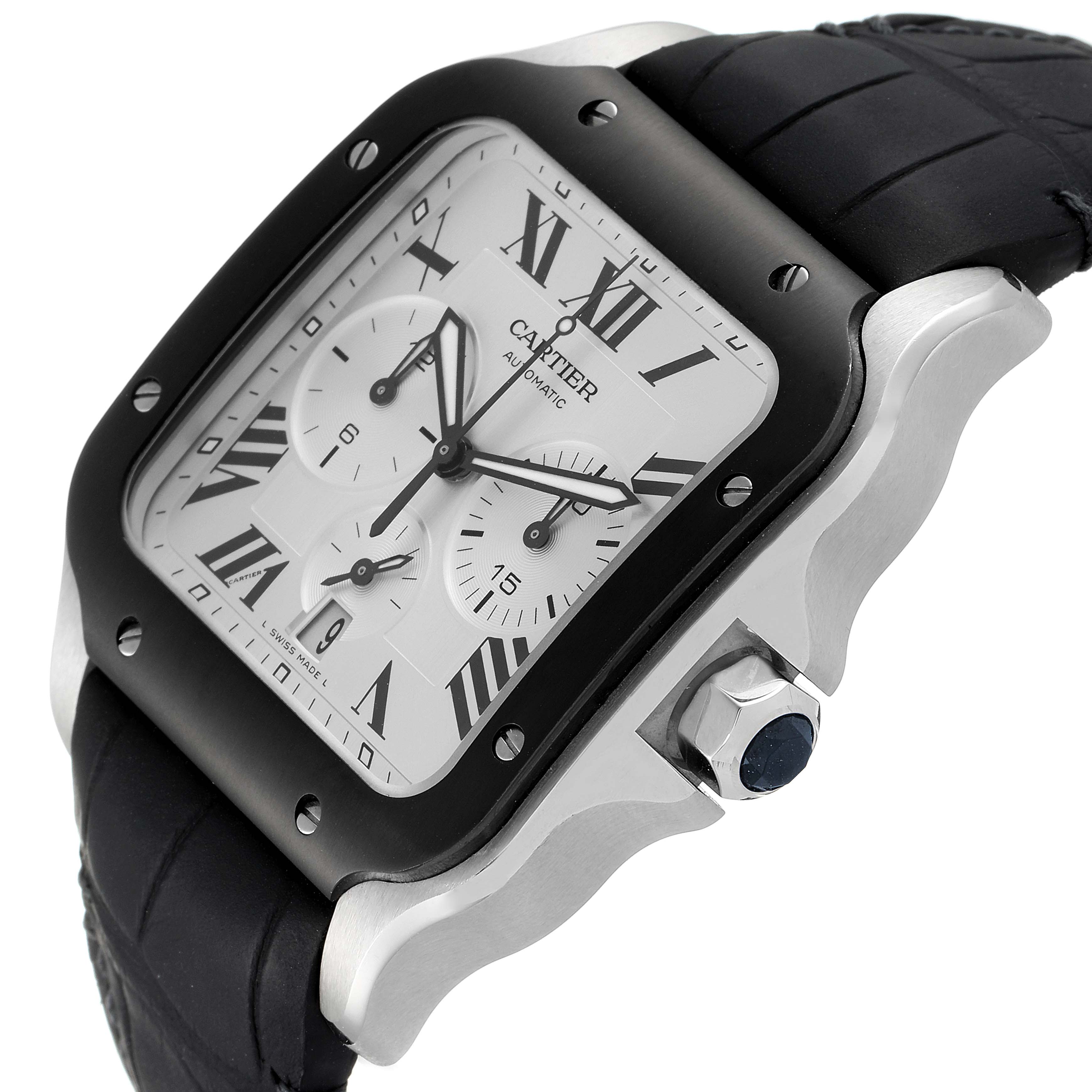 The image shows a Cartier Santos WSSA0017 Men
s Stainless Steel Silver Dial WSSA0017 Men
s Stainless Steel Silver Dial watch from an angled side view, highlighting the face, bezel, crown, and black strap.