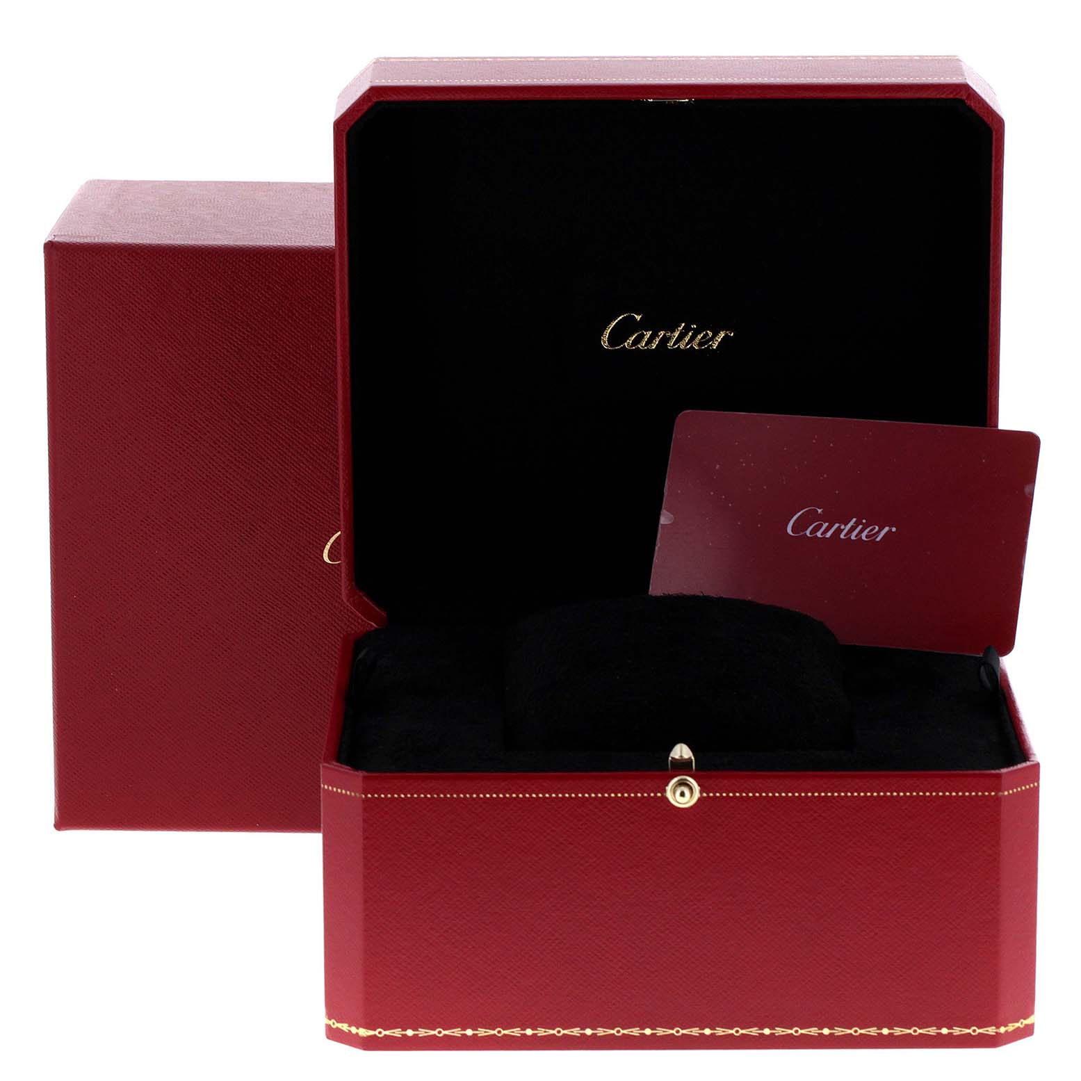 The image shows an empty red watch box and card for the Santos model by Cartier.