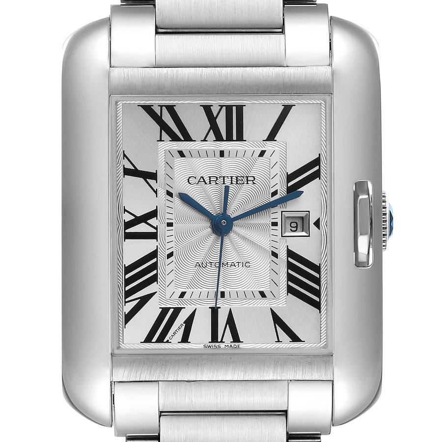 The Cartier Tank Anglaise watch is shown from the front, displaying its rectangular face with Roman numerals and metallic bracelet.