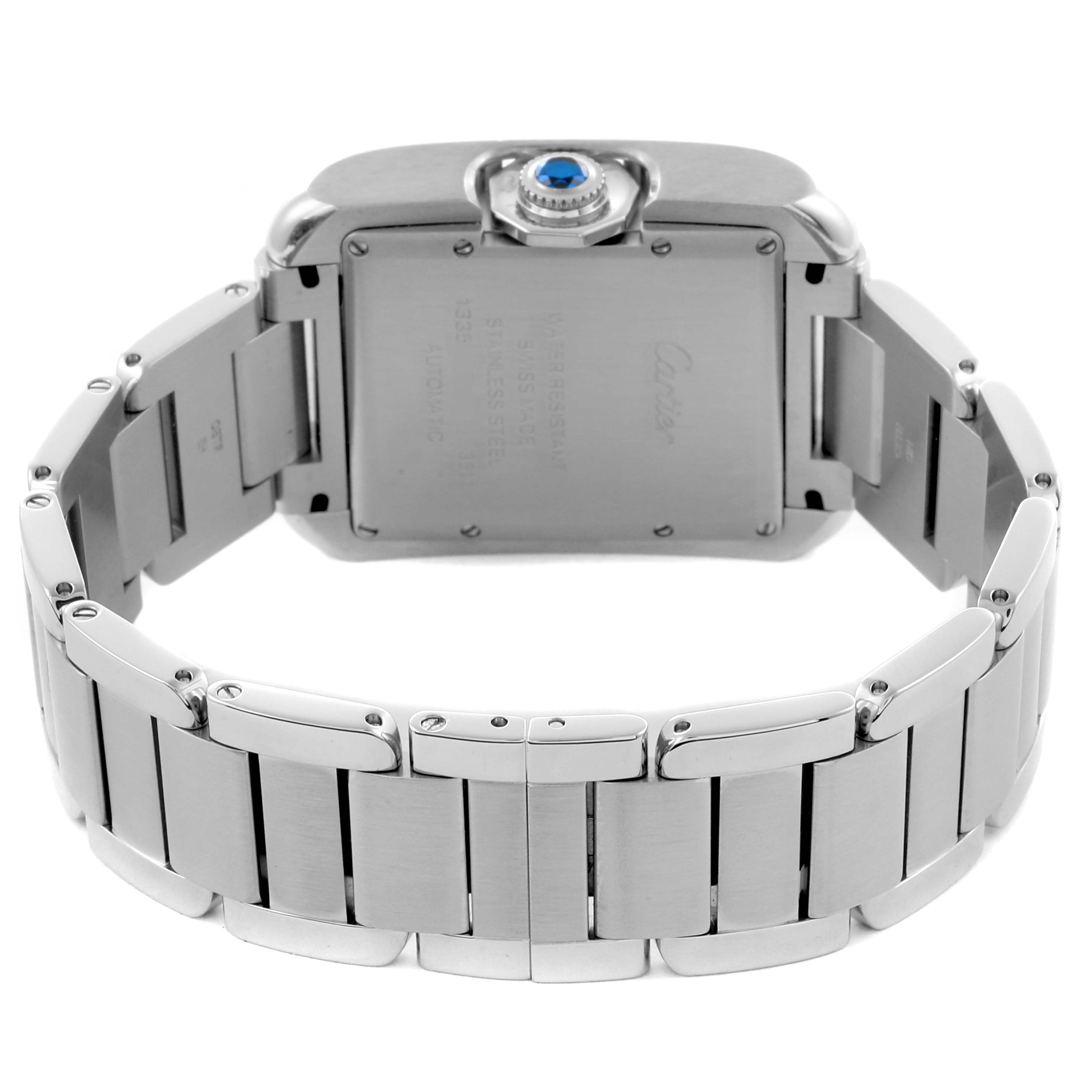 The image shows the back view of a Cartier Tank Anglaise W5310009 Men
s Stainless Steel Silver Dial W5310009 Men
s Stainless Steel Silver Dial watch, highlighting the bracelet and case back with a blue crown detail.