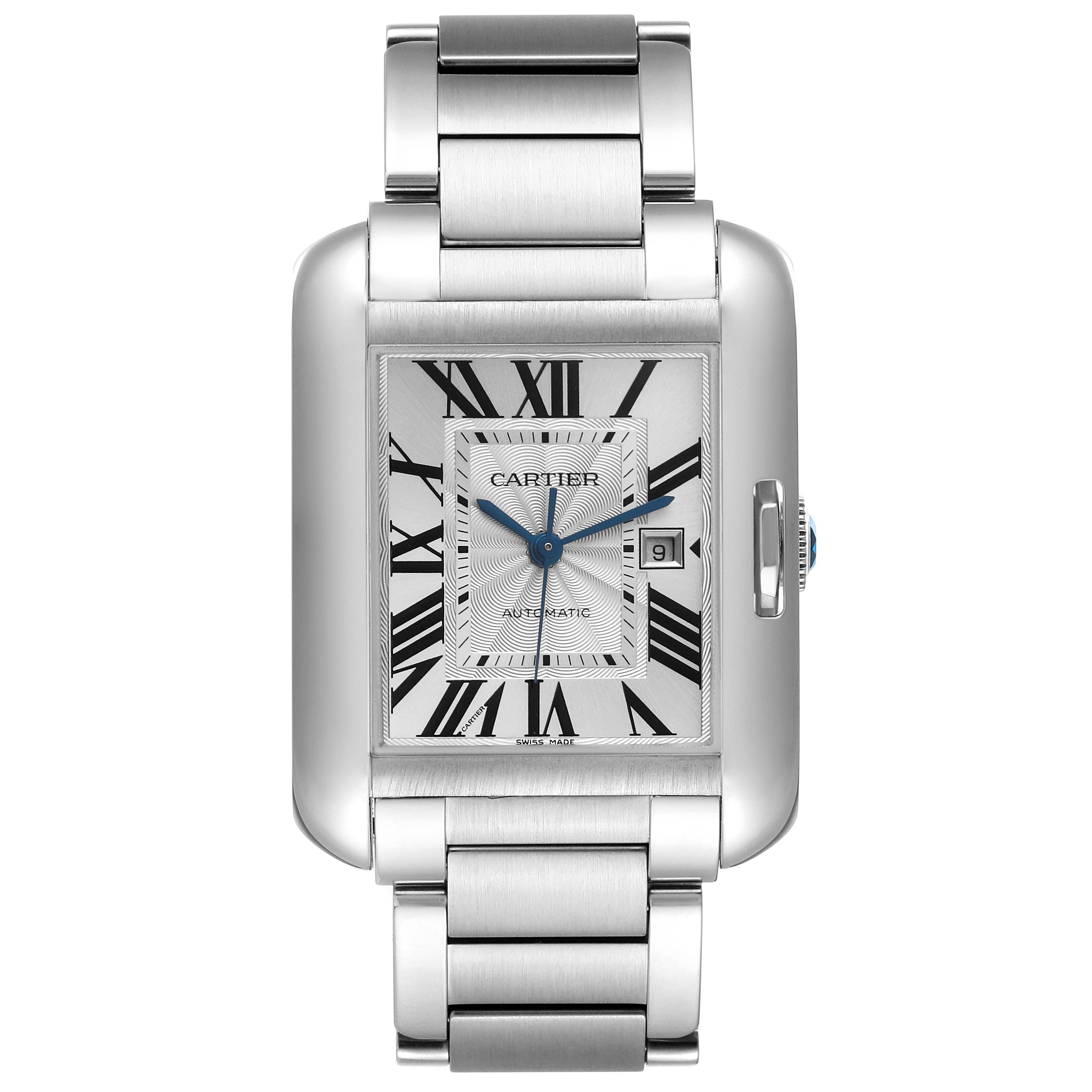The image shows a frontal view of the Cartier Tank Anglaise W5310009 Men
s Stainless Steel Silver Dial W5310009 Men
s Stainless Steel Silver Dial watch, displaying the face, bezel, bracelet, and crown.