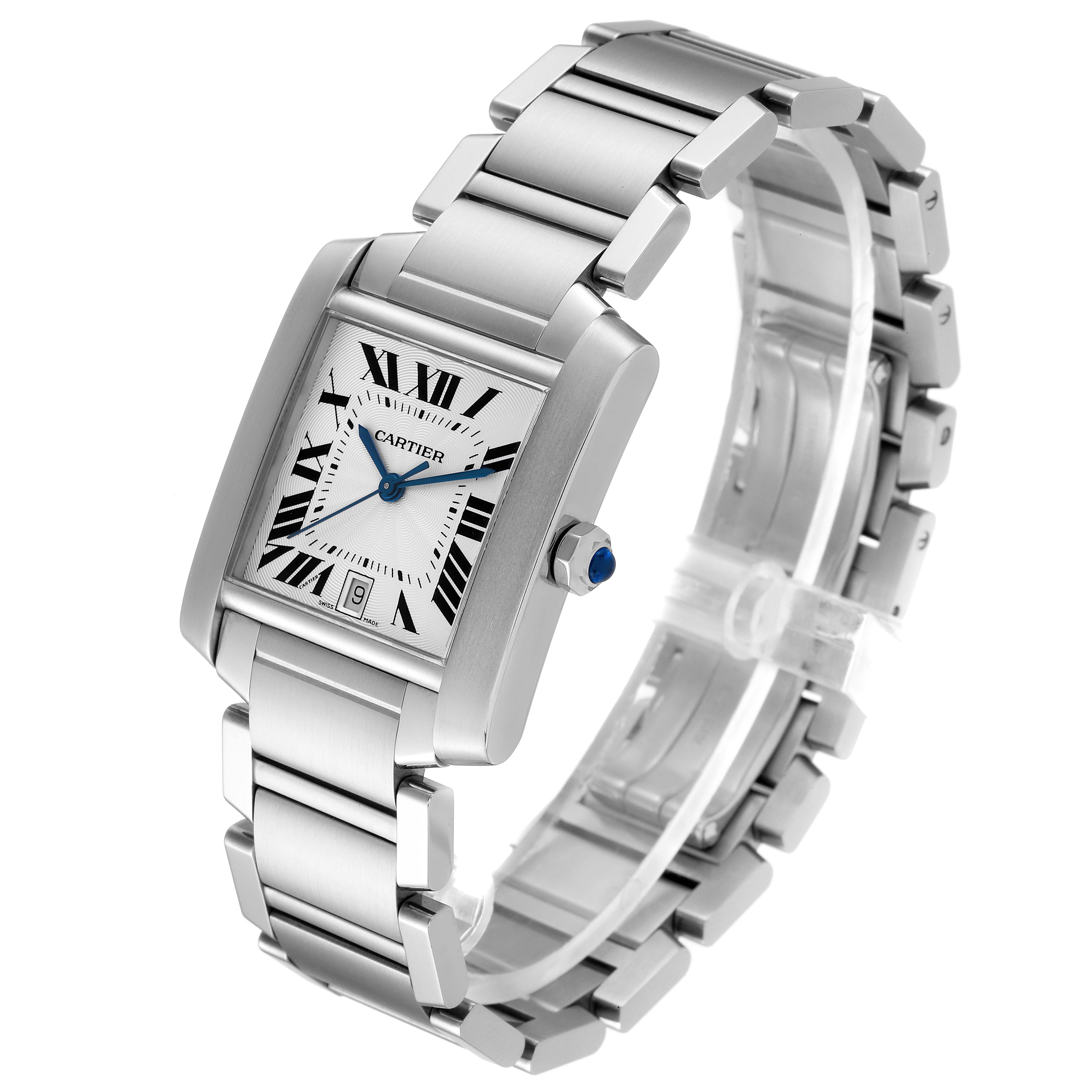The Cartier Tank Francaise W51002Q3 Men's Stainless Steel Silver Dial W51002Q3 Men's Stainless Steel Silver Dial watch is shown at an angle highlighting the face, band, and crown.