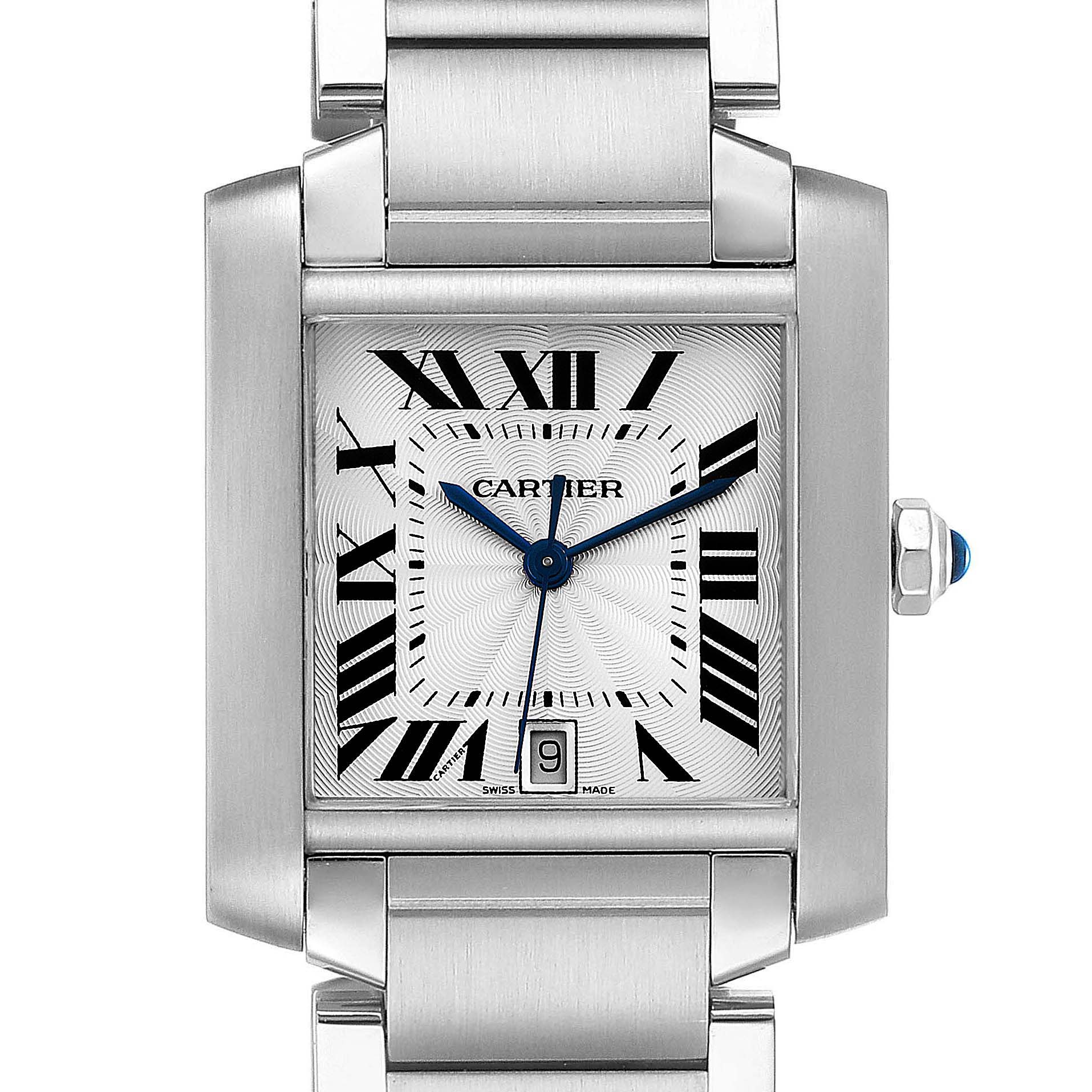 The image shows a close-up front view of the Cartier Tank Francaise W51002Q3 Men's Stainless Steel Silver Dial W51002Q3 Men's Stainless Steel Silver Dial watch, highlighting its dial, bracelet, and crown.