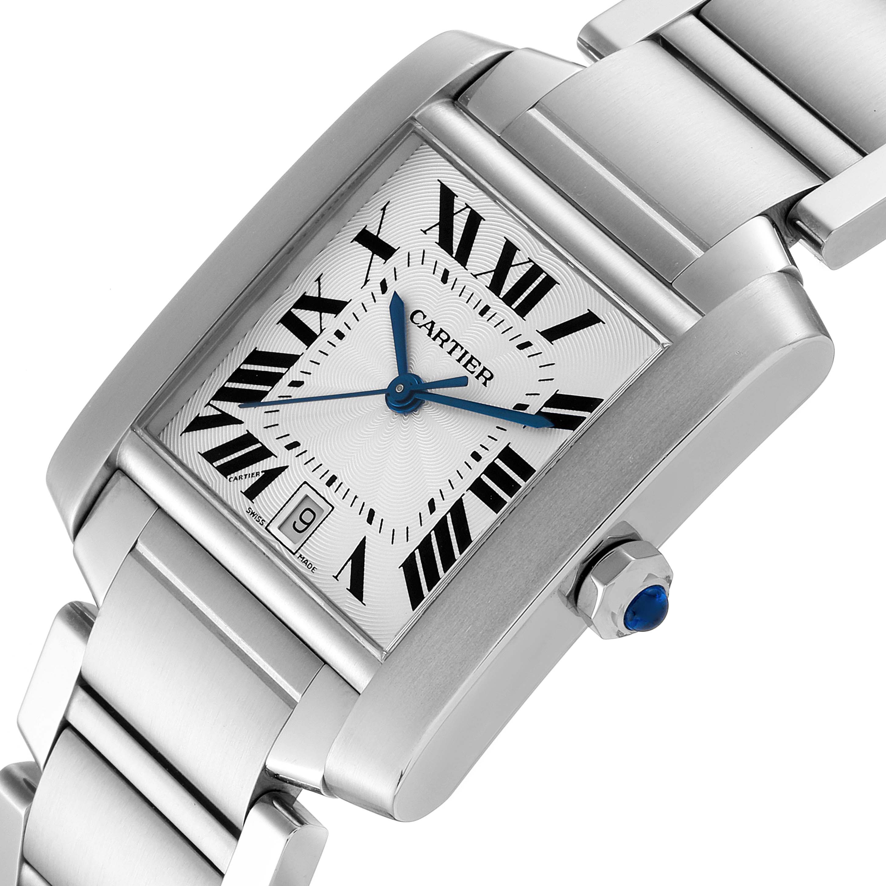 The image shows a close-up view of the Cartier Tank Française watch, including the dial, bracelet, and crown.