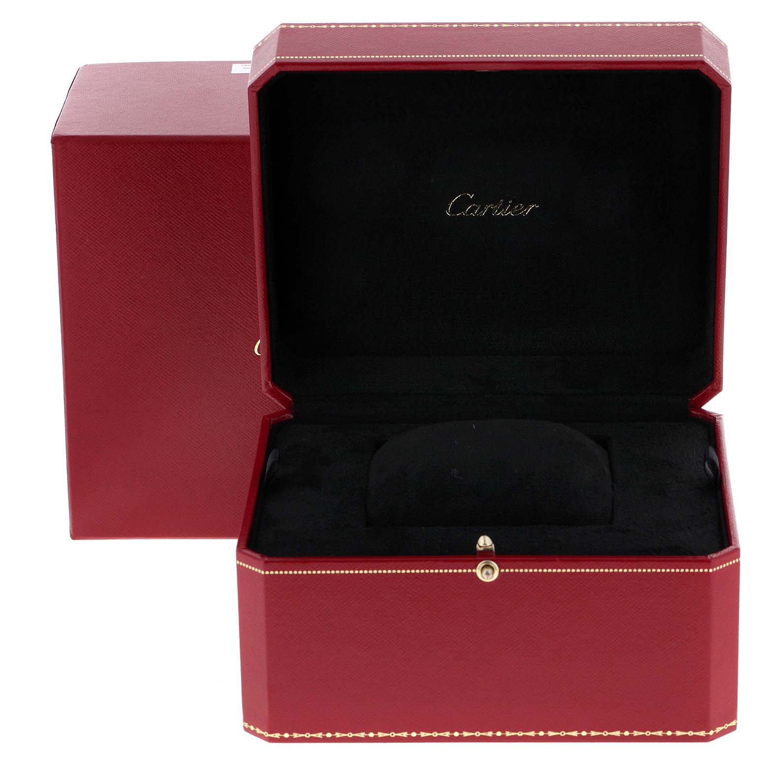 The image shows a red Cartier Tank Francaise W51002Q3 Men's Stainless Steel Silver Dial W51002Q3 Men's Stainless Steel Silver Dial watch box open, displaying its black interior and Cartier logo.