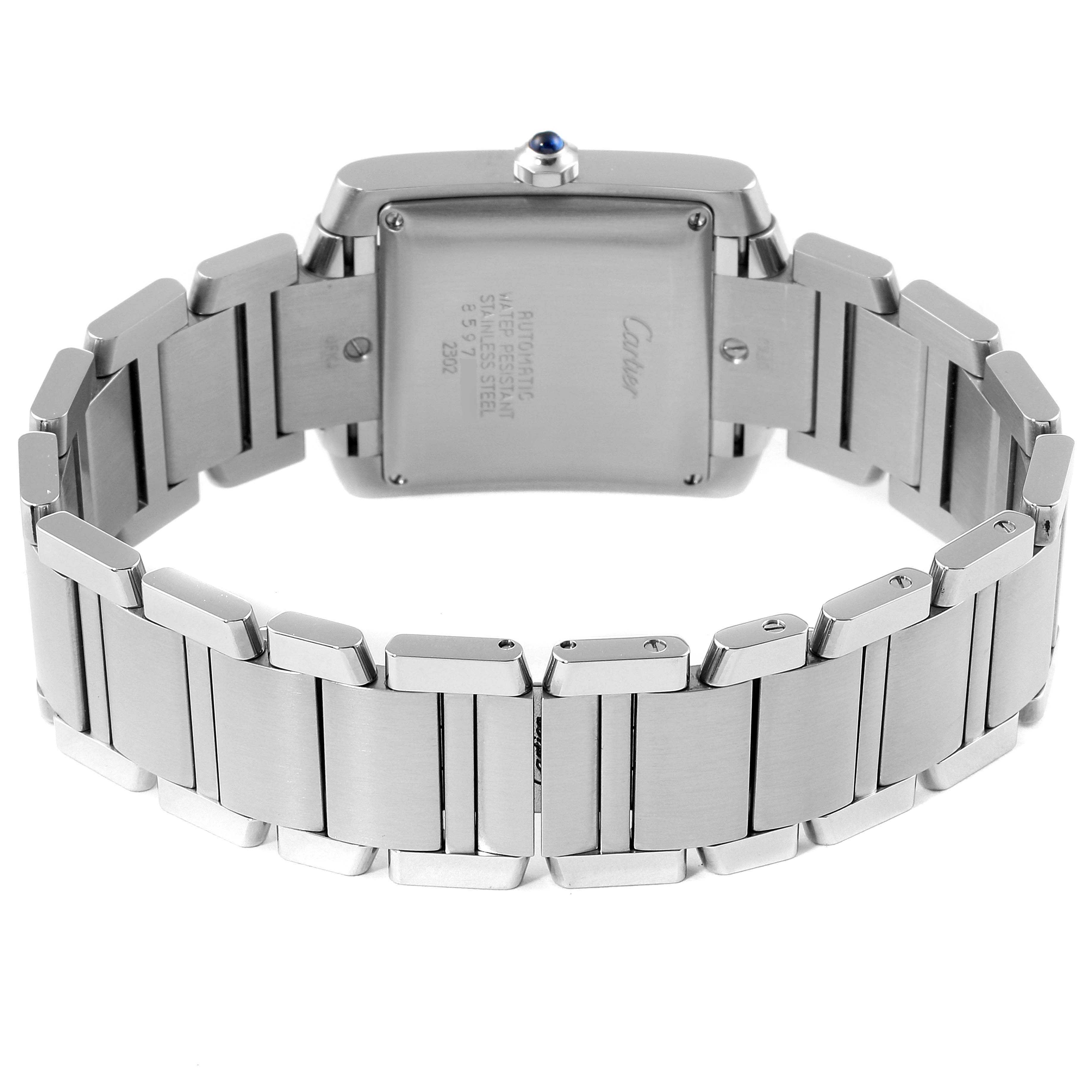 The image shows the back view of a Cartier Tank Francaise W51002Q3 Men's Stainless Steel Silver Dial W51002Q3 Men's Stainless Steel Silver Dial watch, featuring its stainless steel case and bracelet.