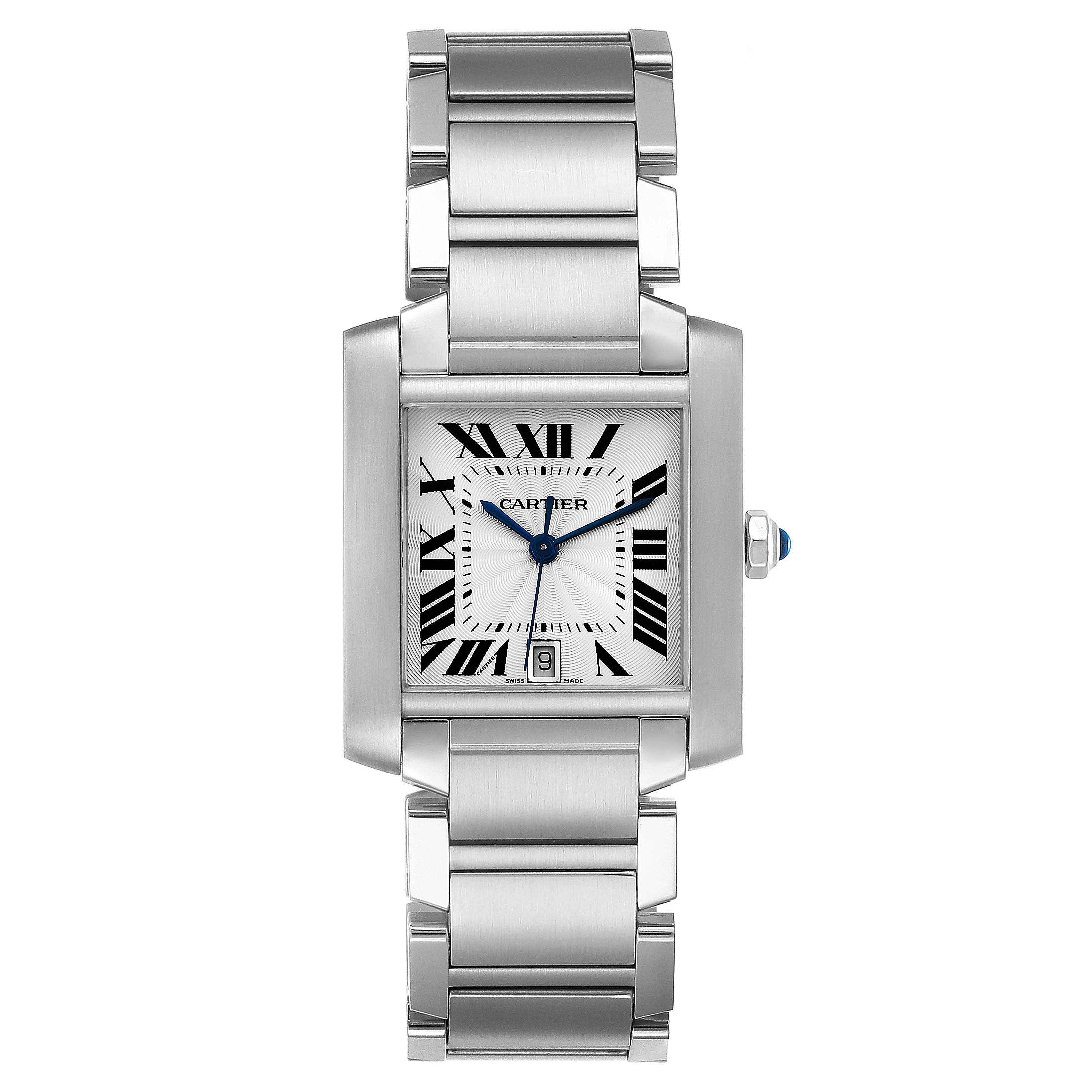 The image shows a front view of the Cartier Tank Française model, displaying the face, bezel, crown, and stainless steel bracelet.