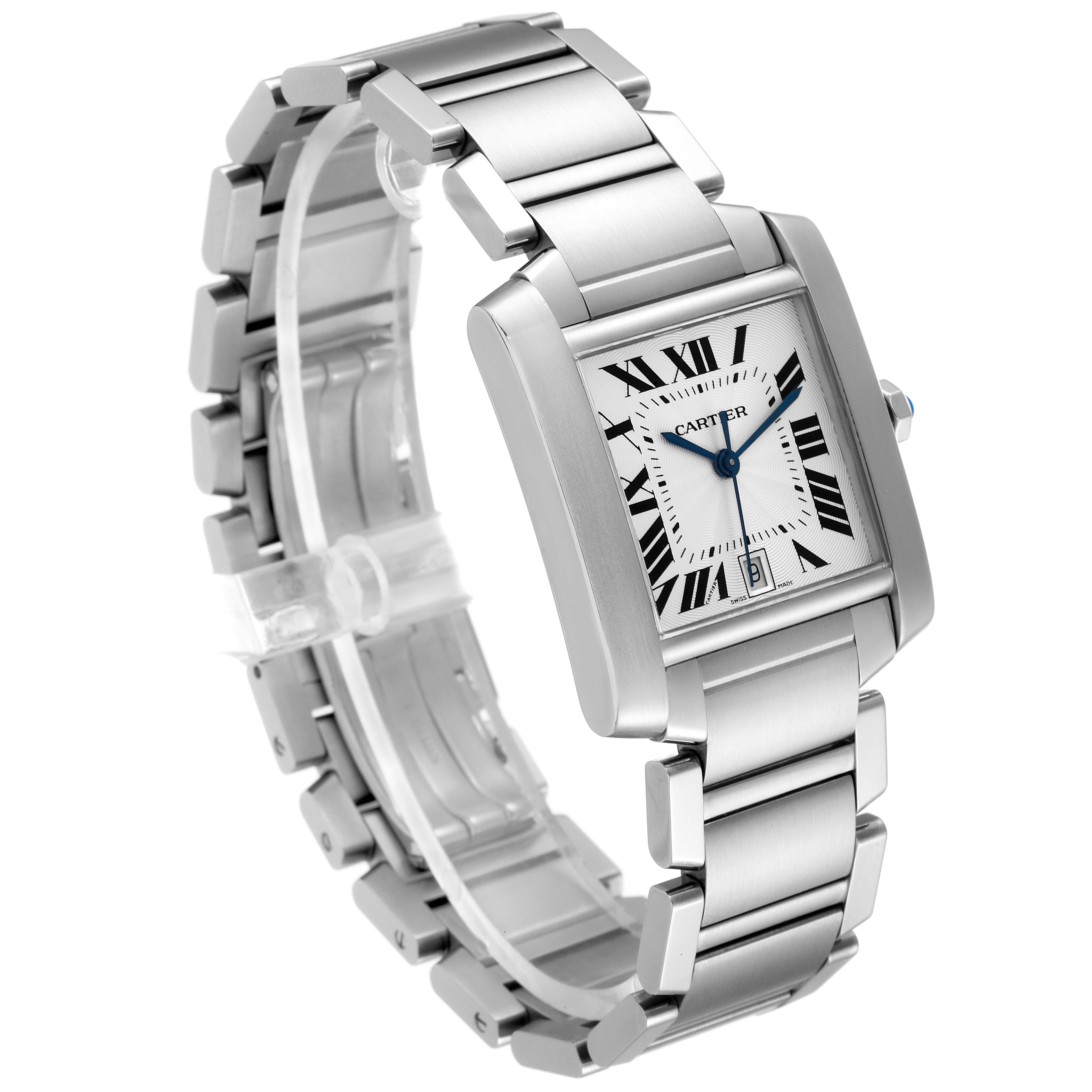 The image shows a Cartier Tank Francaise W51002Q3 Men's Stainless Steel Silver Dial W51002Q3 Men's Stainless Steel Silver Dial watch at an angled view, highlighting the face, bezel, and stainless steel bracelet.