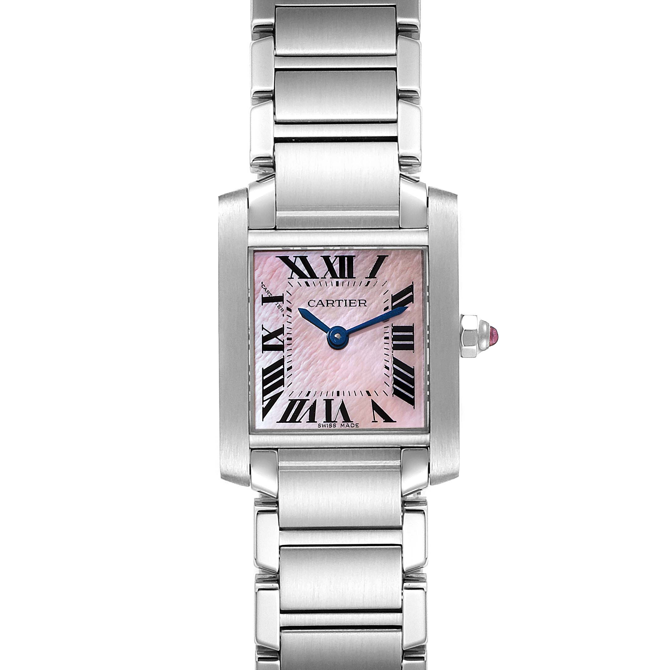 This image shows a front view of the Cartier Tank Francaise W51028Q3 Women's Stainless Steel Mother of Pearl Dial W51028Q3 Women's Stainless Steel Mother of Pearl Dial watch, highlighting its case, dial, hands, and bracelet.