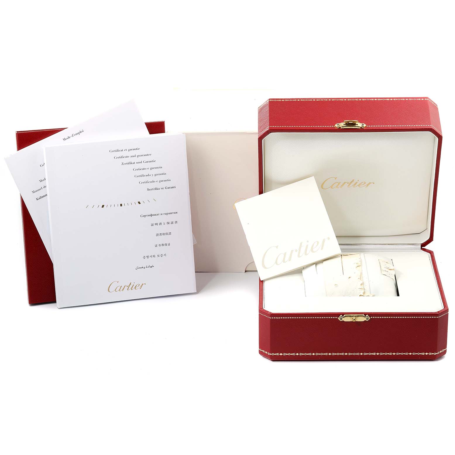The image shows Cartier Tank Française packaging, including the red box, documents, and a white cushion.