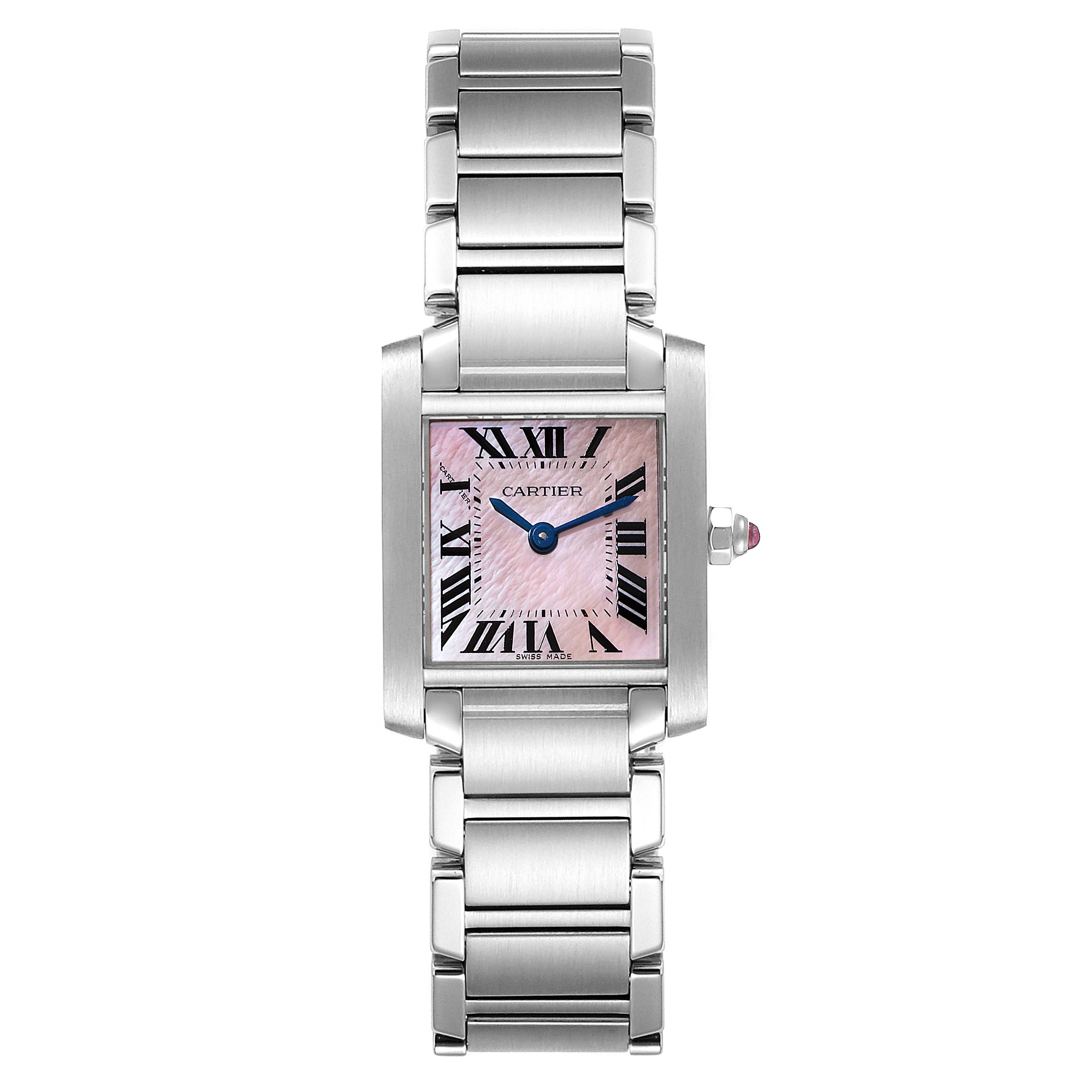 This image shows a frontal view of the Cartier Tank Francaise W51028Q3 Women's Stainless Steel Mother of Pearl Dial W51028Q3 Women's Stainless Steel Mother of Pearl Dial watch, highlighting its face, bracelet, and crown.