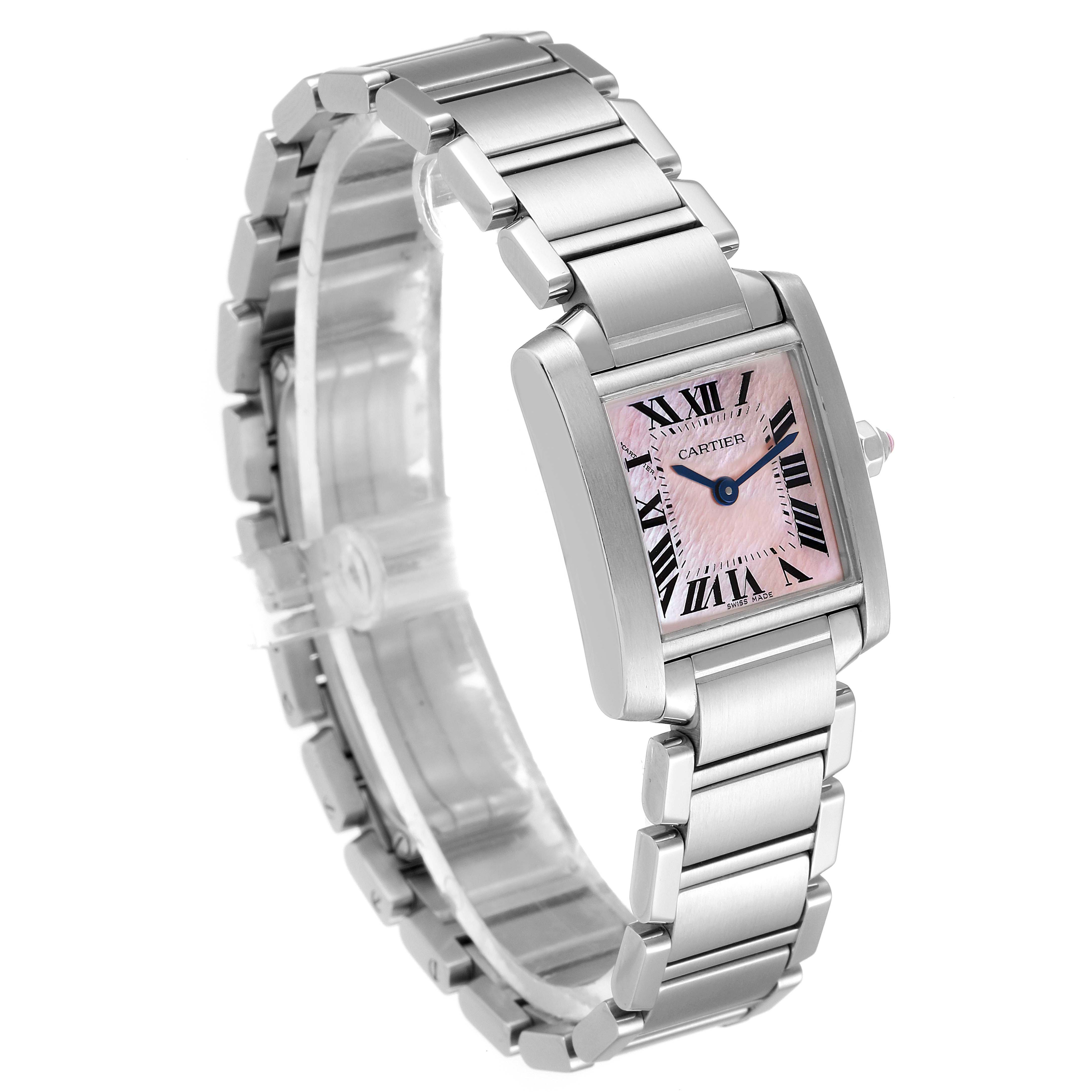The image shows a Cartier Tank Francaise W51028Q3 Women's Stainless Steel Mother of Pearl Dial W51028Q3 Women's Stainless Steel Mother of Pearl Dial watch from an angled side view, highlighting its face, bezel, bracelet, and clasp.