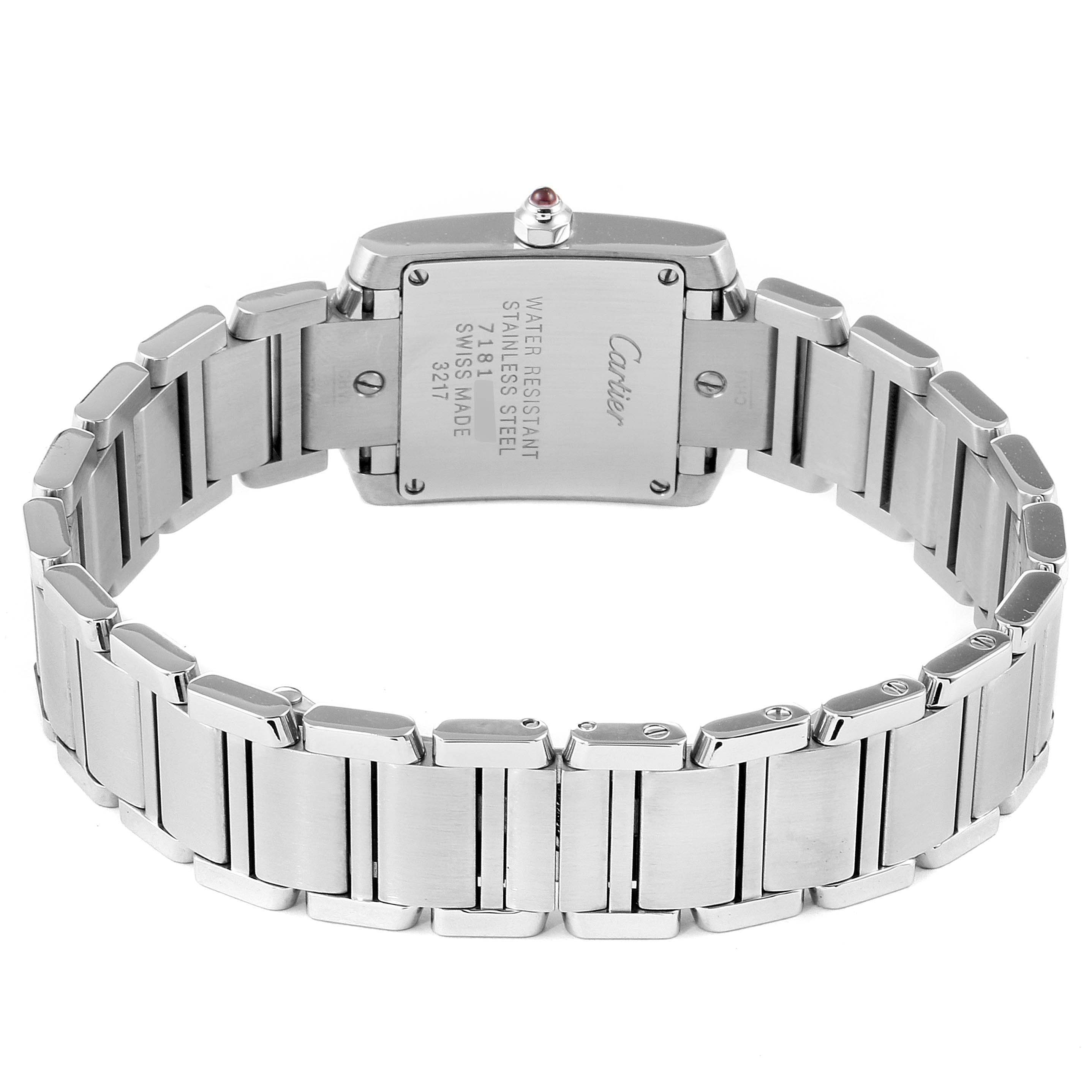 The image shows the back view of a Cartier Tank Francaise W51028Q3 Women's Stainless Steel Mother of Pearl Dial W51028Q3 Women's Stainless Steel Mother of Pearl Dial watch, displaying its stainless steel case and bracelet.