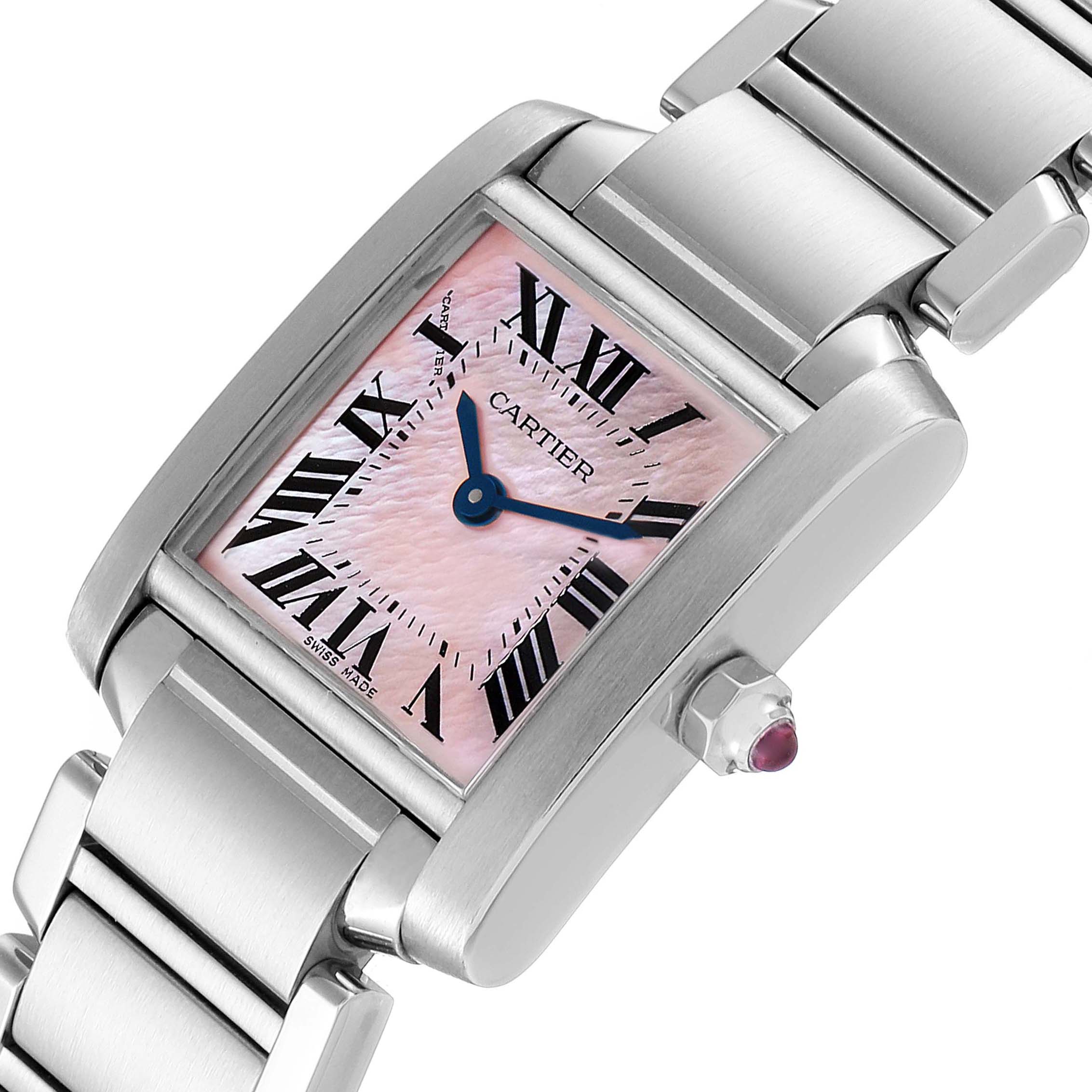 The Tank Francaise by Cartier is shown at an angle highlighting the square dial, bracelet, and crown.
