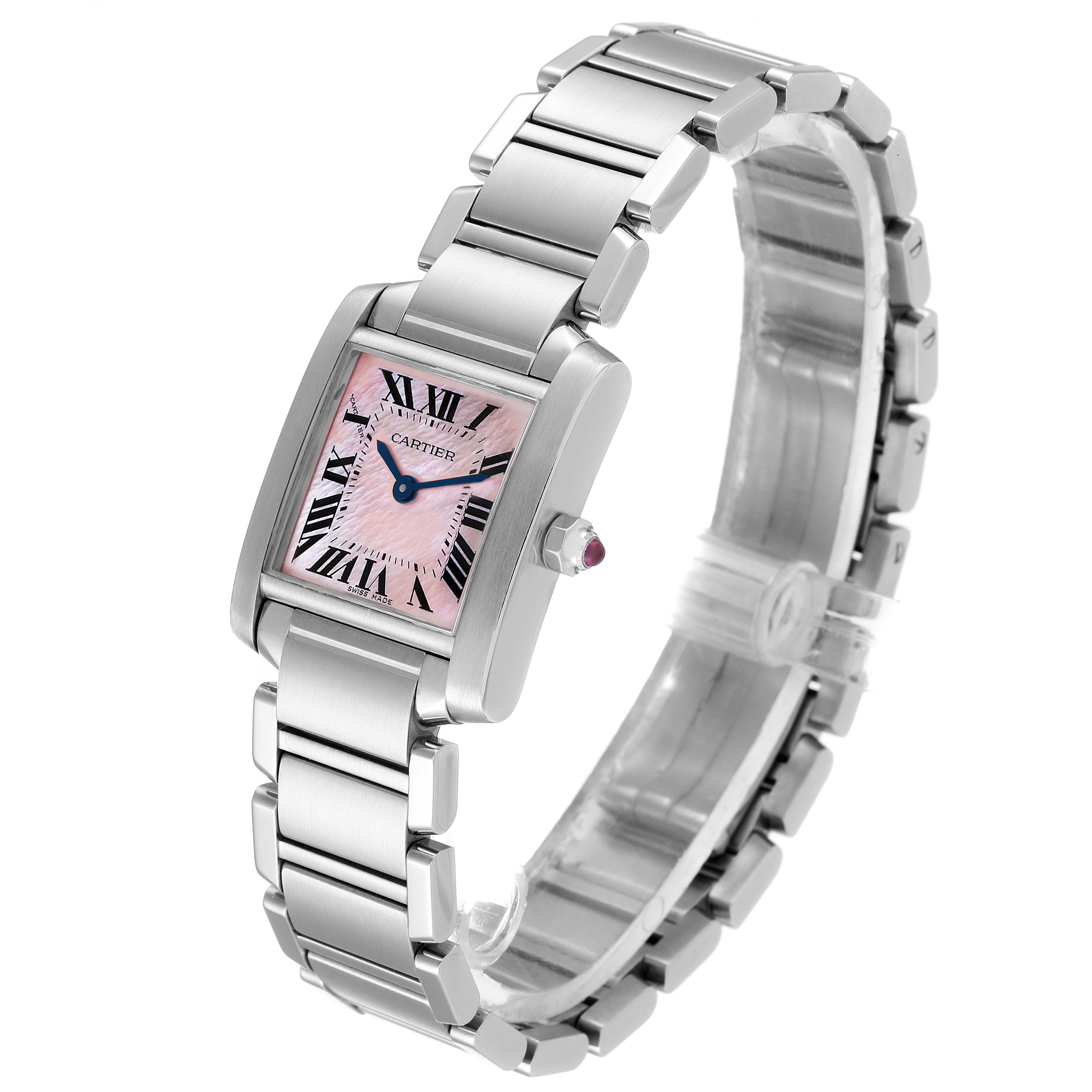 The image shows a Cartier Tank Francaise W51028Q3 Women's Stainless Steel Mother of Pearl Dial W51028Q3 Women's Stainless Steel Mother of Pearl Dial watch at a slight angle, highlighting its pink dial, stainless steel band, and crown with a gemstone.