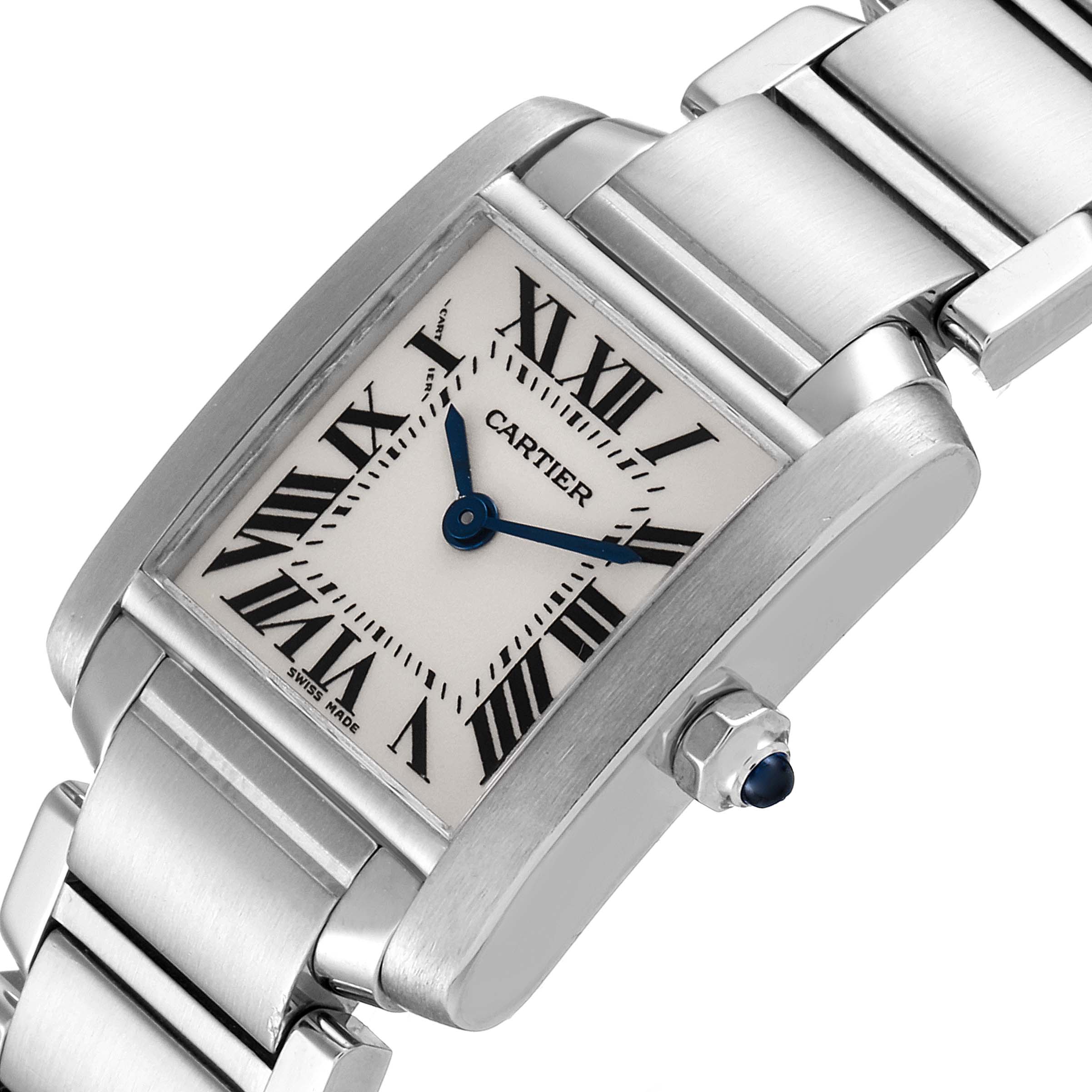 The image shows a close-up angled view of a Cartier Tank Francaise W51008Q3 Women
s Stainless Steel Silver Dial W51008Q3 Women
s Stainless Steel Silver Dial watch, highlighting the face, crown, and metal band.