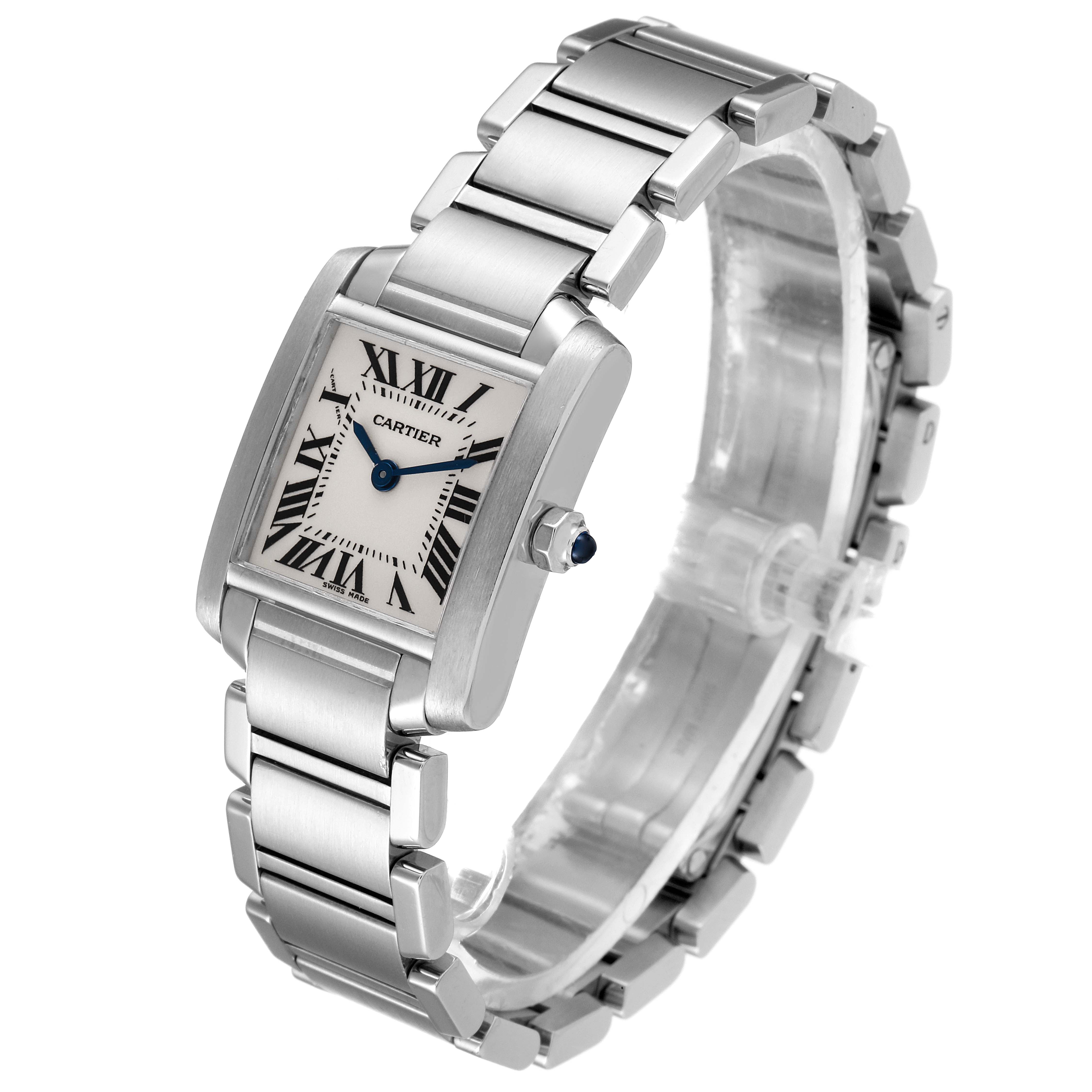 The image shows a Cartier Tank Francaise W51008Q3 Women
s Stainless Steel Silver Dial W51008Q3 Women
s Stainless Steel Silver Dial model watch, viewed from a front-left angle with a focus on its bracelet and face.