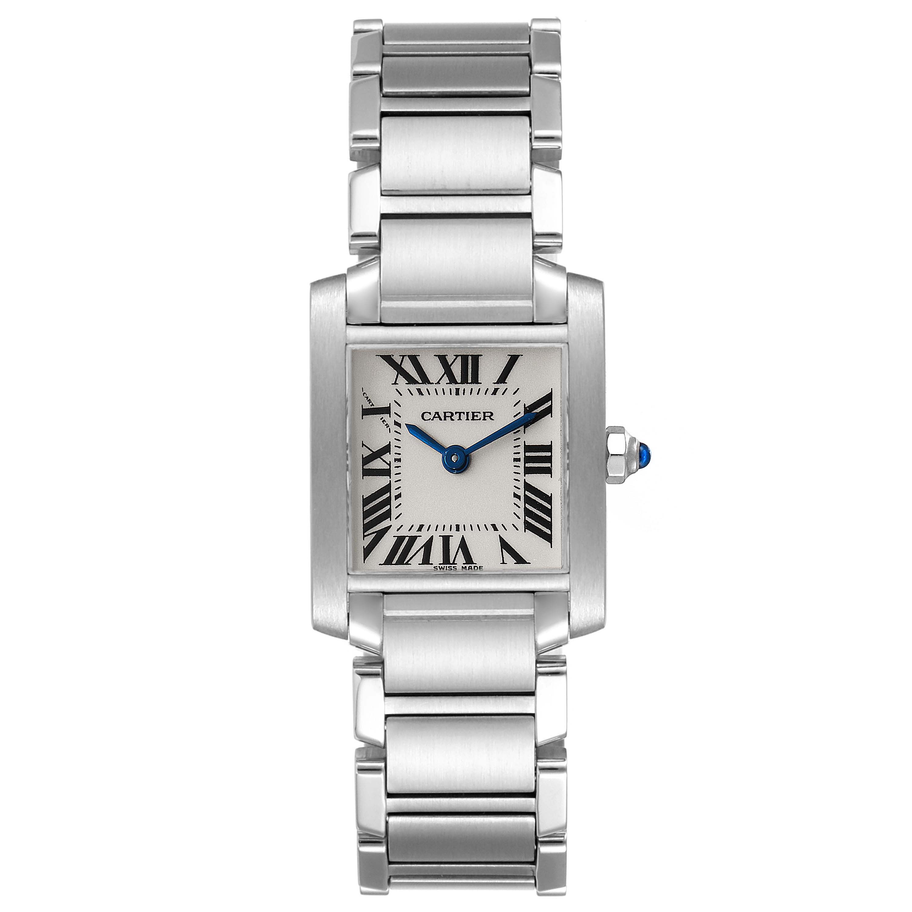 The image shows a front view of the Cartier Tank Française watch, displaying its dial, bracelet, and crown.