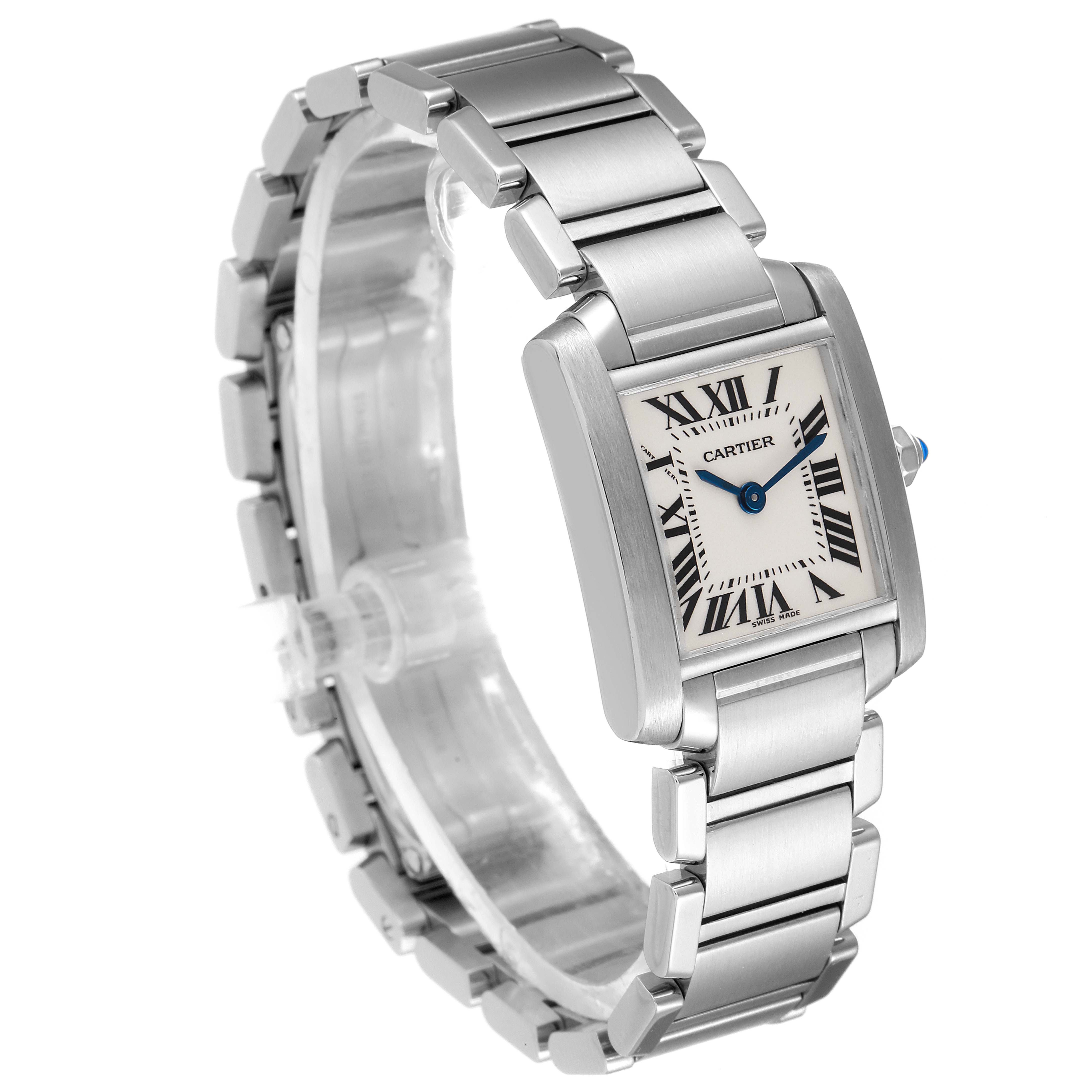 The Cartier Tank Francaise W51008Q3 Women
s Stainless Steel Silver Dial W51008Q3 Women
s Stainless Steel Silver Dial watch is shown at a three-quarter angle, displaying the rectangular face and metal link bracelet.