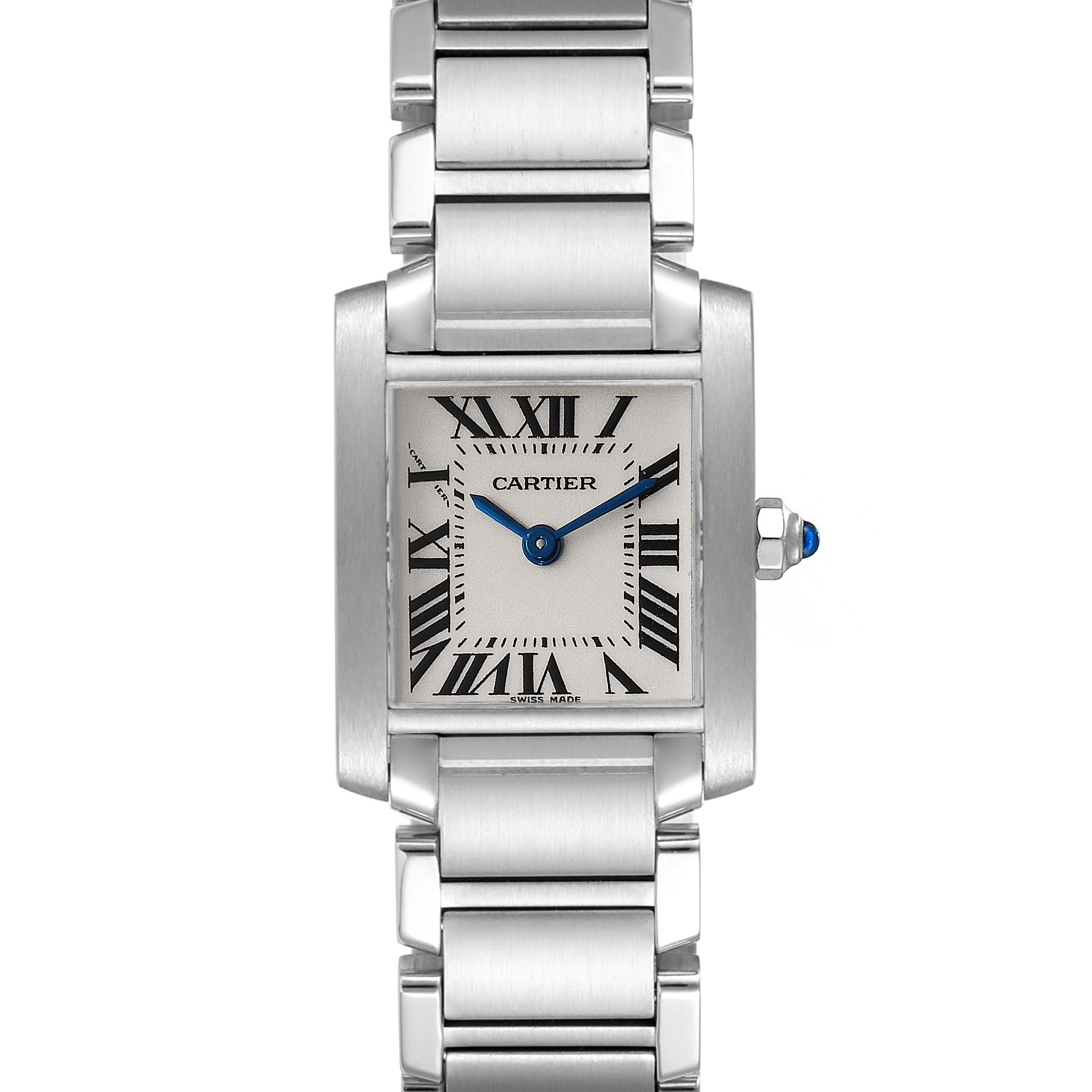 The Cartier Tank Francaise W51008Q3 Women
s Stainless Steel Silver Dial W51008Q3 Women
s Stainless Steel Silver Dial watch is shown from a front angle, displaying its rectangular face and stainless steel bracelet.